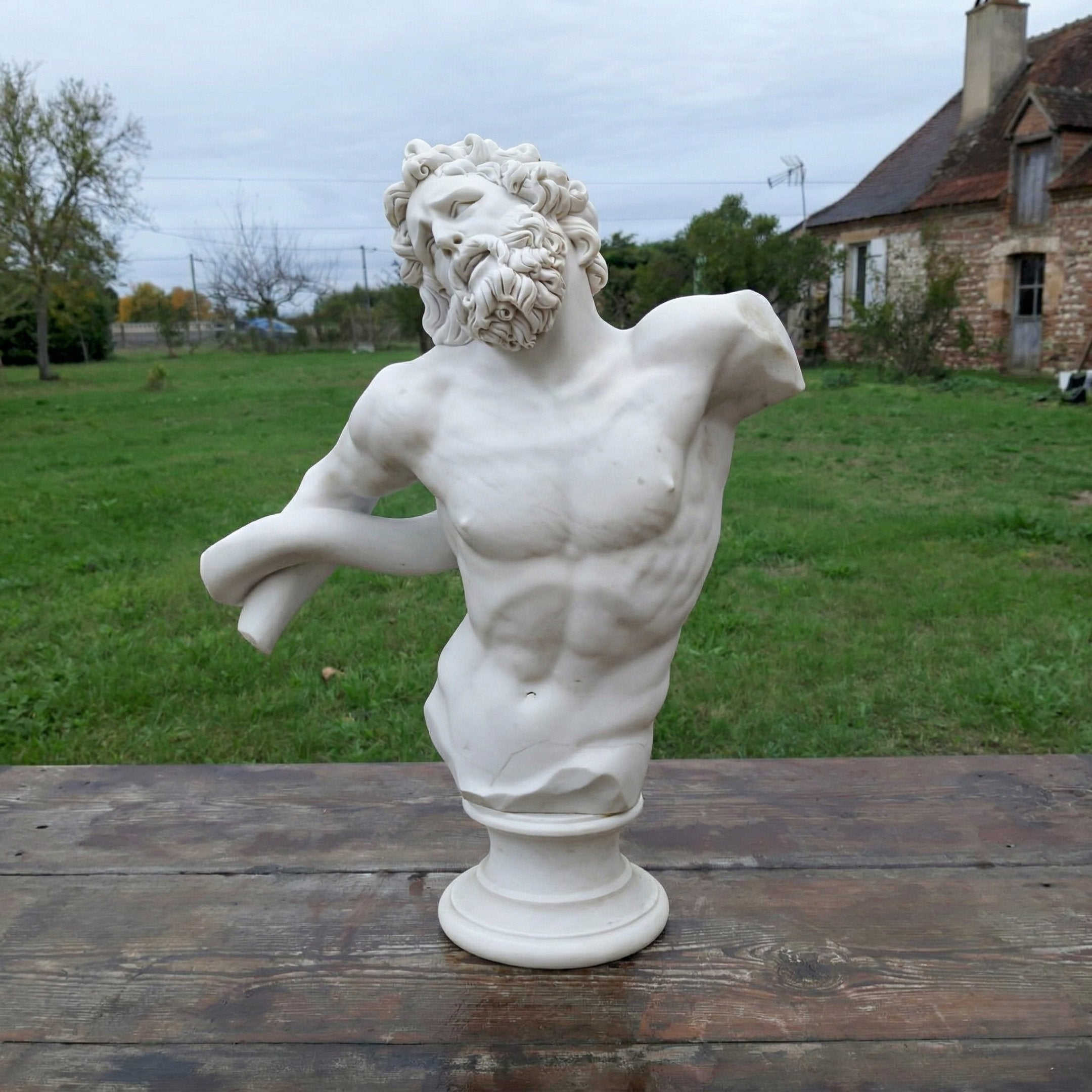 The Apollo Marble Torso Sculpture - 80cm by Giant Sculptures, a natural white marble bust displayed outdoors on wood with greenery and a rustic house in the background, captures the timeless elegance of classical sculpture.