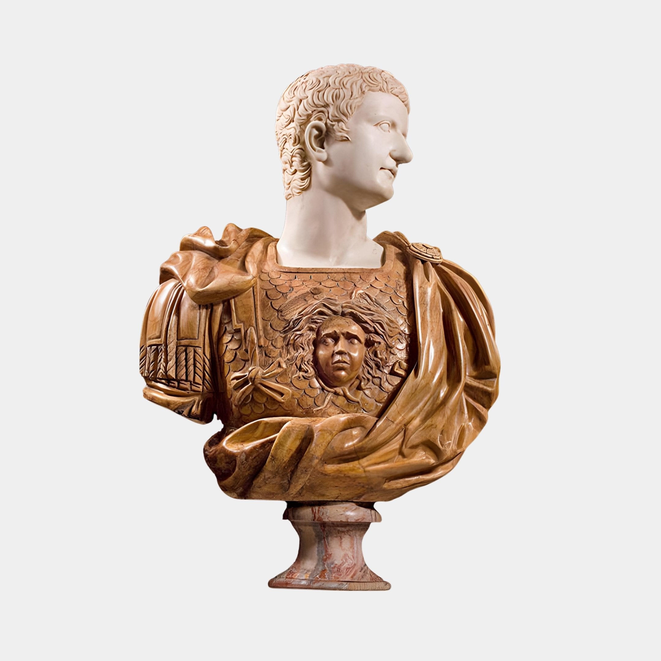 The Roman Emperor Marble Bust Sculpture - 90cm by Giant Sculptures showcases a detailed armored chestplate and textured cloak, beautifully displayed on a pedestal against a plain background.