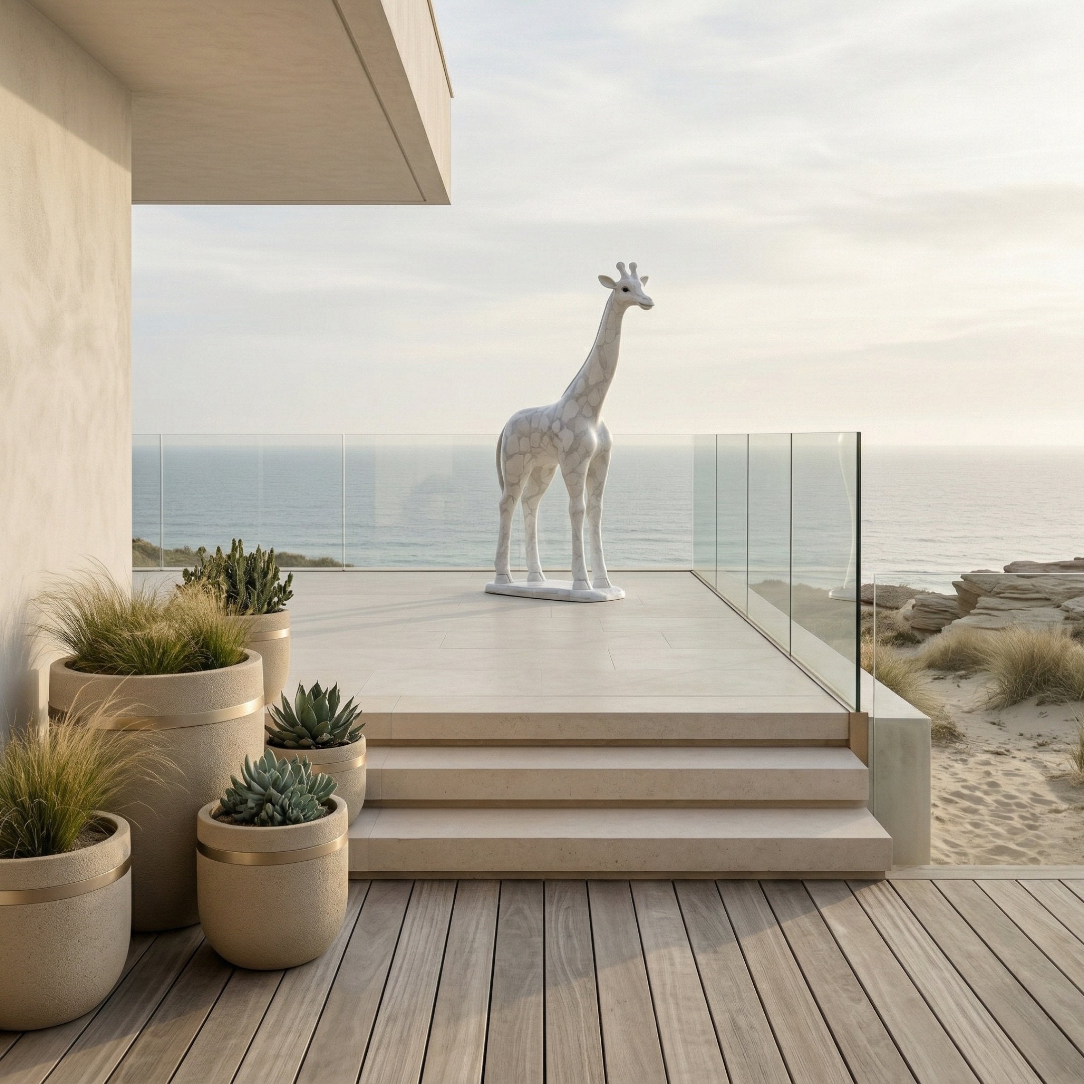 A modern terrace with potted plants overlooks the ocean. The Regal Giraffe White Marble Outdoor Sculpture (350cm) by Giant Sculptures stands on the tiled platform near glass railings, complementing the serene coastal landscape.