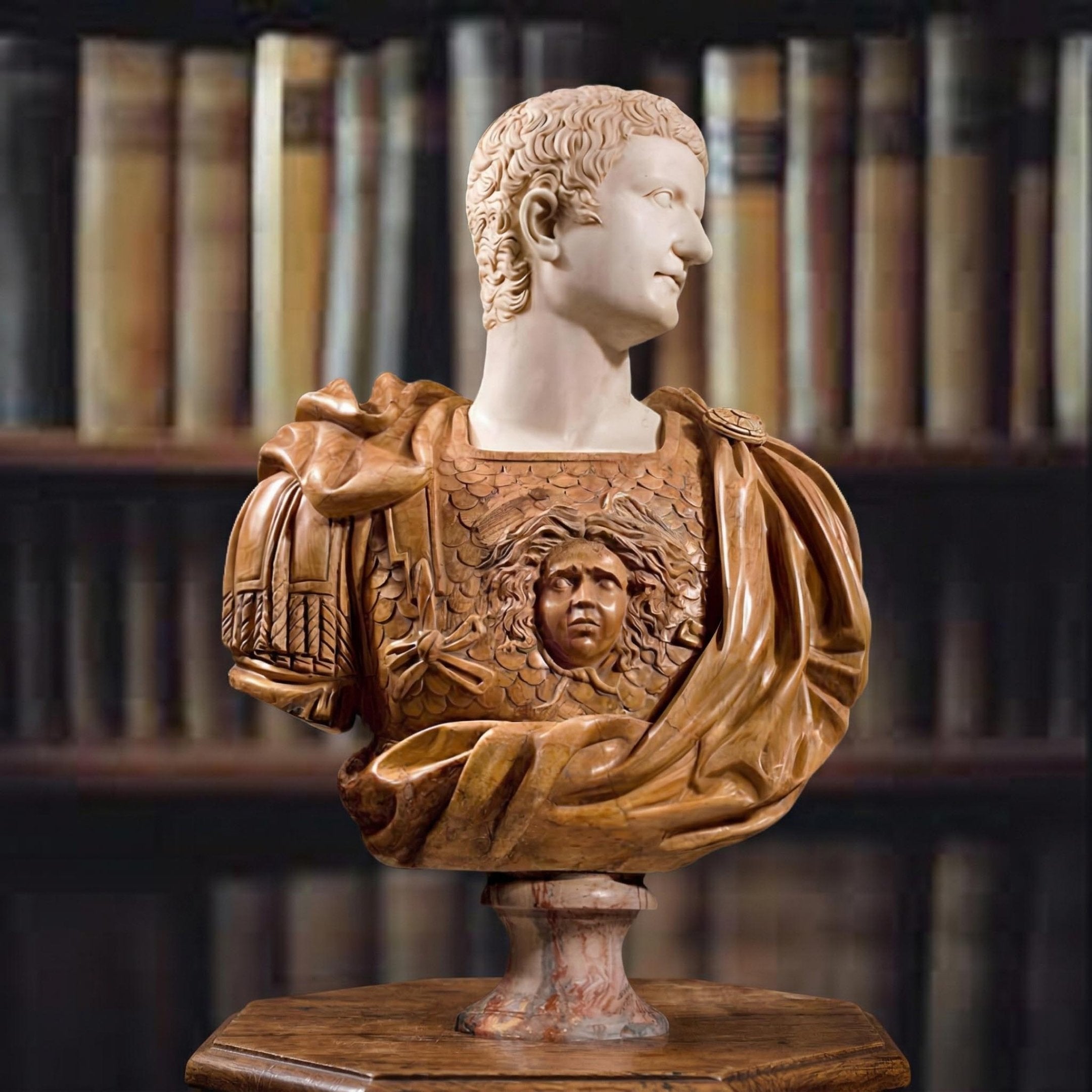 The Roman Emperor Marble Bust Sculpture (90cm) by Giant Sculptures features a man in Roman armor with a face design, crafted from marble, set before blurred bookshelves.