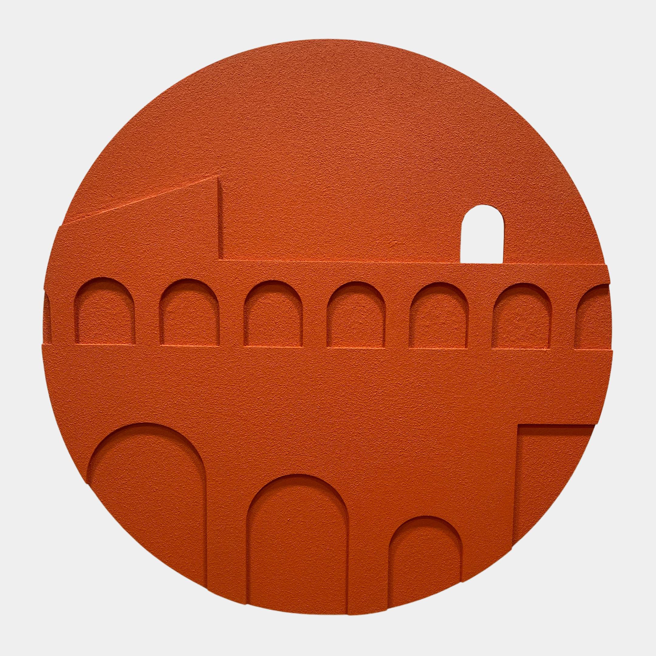 Arcuza Terracotta II Wood Carving Sandstone 3D Wall Art by Giant Sculptures, a circular relief with two tiers of carved arches and an offset window cut-out.