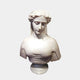 The Flora Marble Bust Sculpture by Giant Sculptures is a 65cm classical female bust in natural white marble, featuring long hair, downcast eyes, and a draped garment, set on a round pedestal.