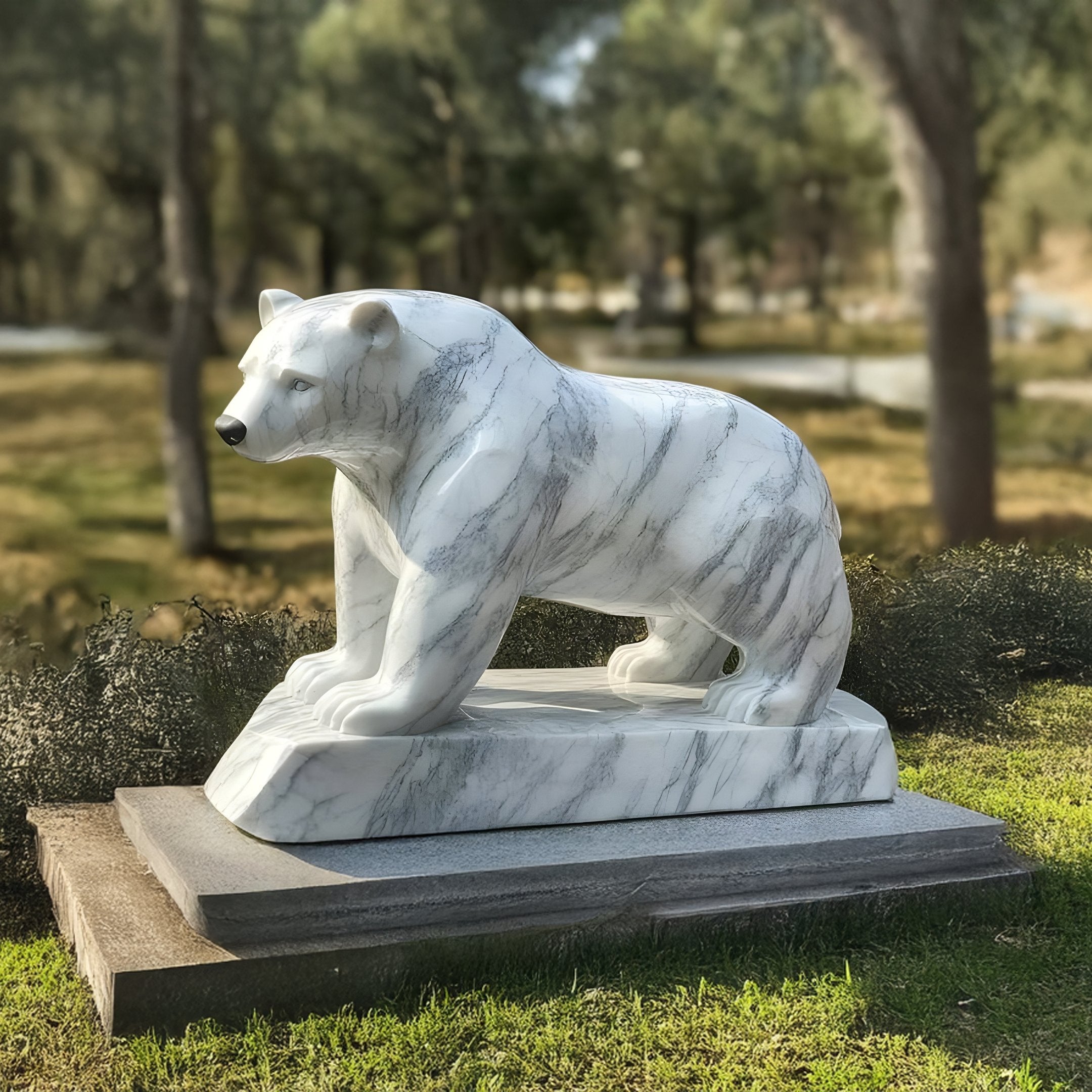 The Polar Bear White Marble Outdoor Sculpture (50cm) by Giant Sculptures is on a pedestal in the grass, surrounded by trees. Sunlight filters through the foliage, illuminating this outdoor piece depicting a bear in a powerful stance.