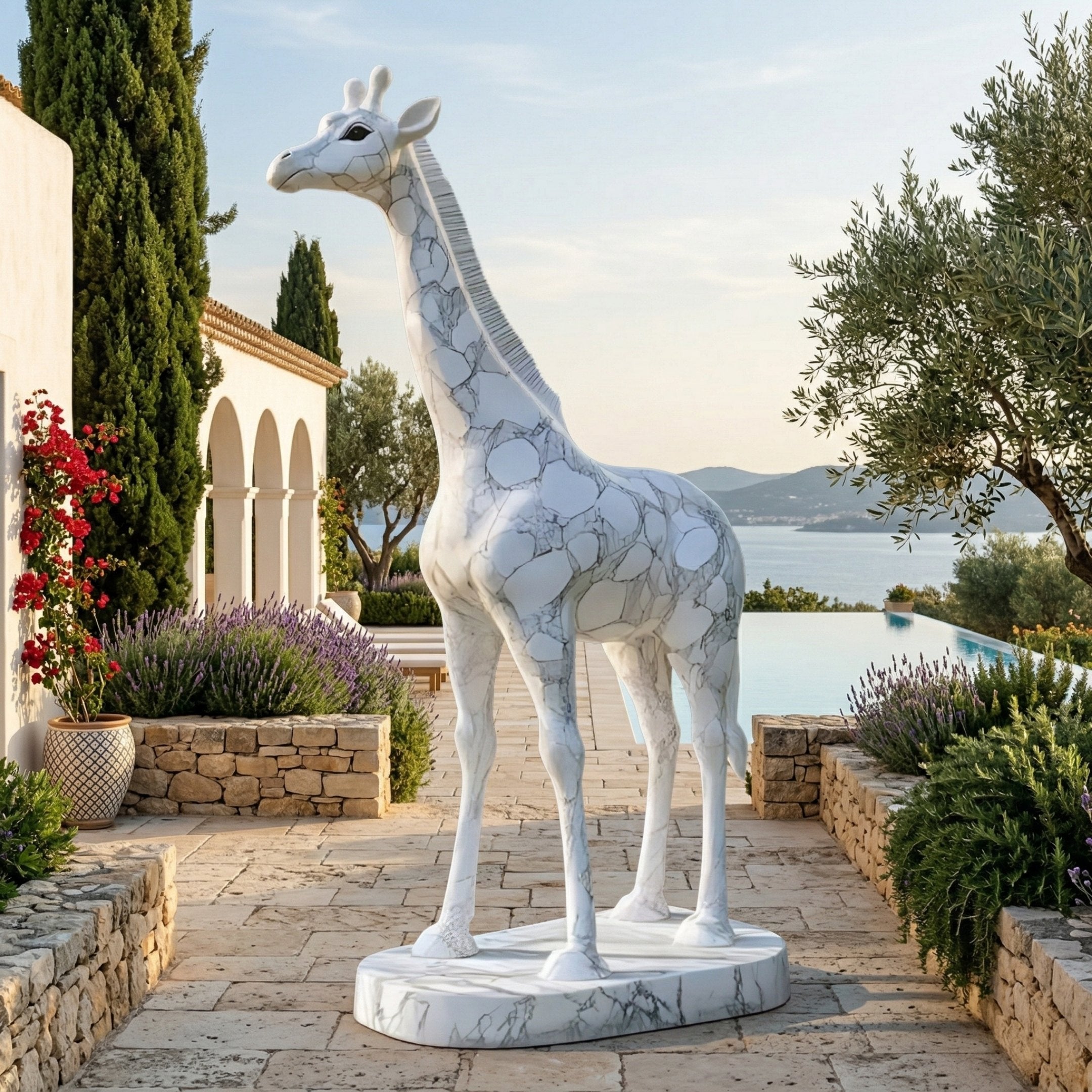 The Noble Standing Giraffe White Marble Outdoor Sculpture (350cm) by Giant Sculptures stands on a stone patio amid greenery and flowers, with a pool and rolling hills in the background under a clear sky.
