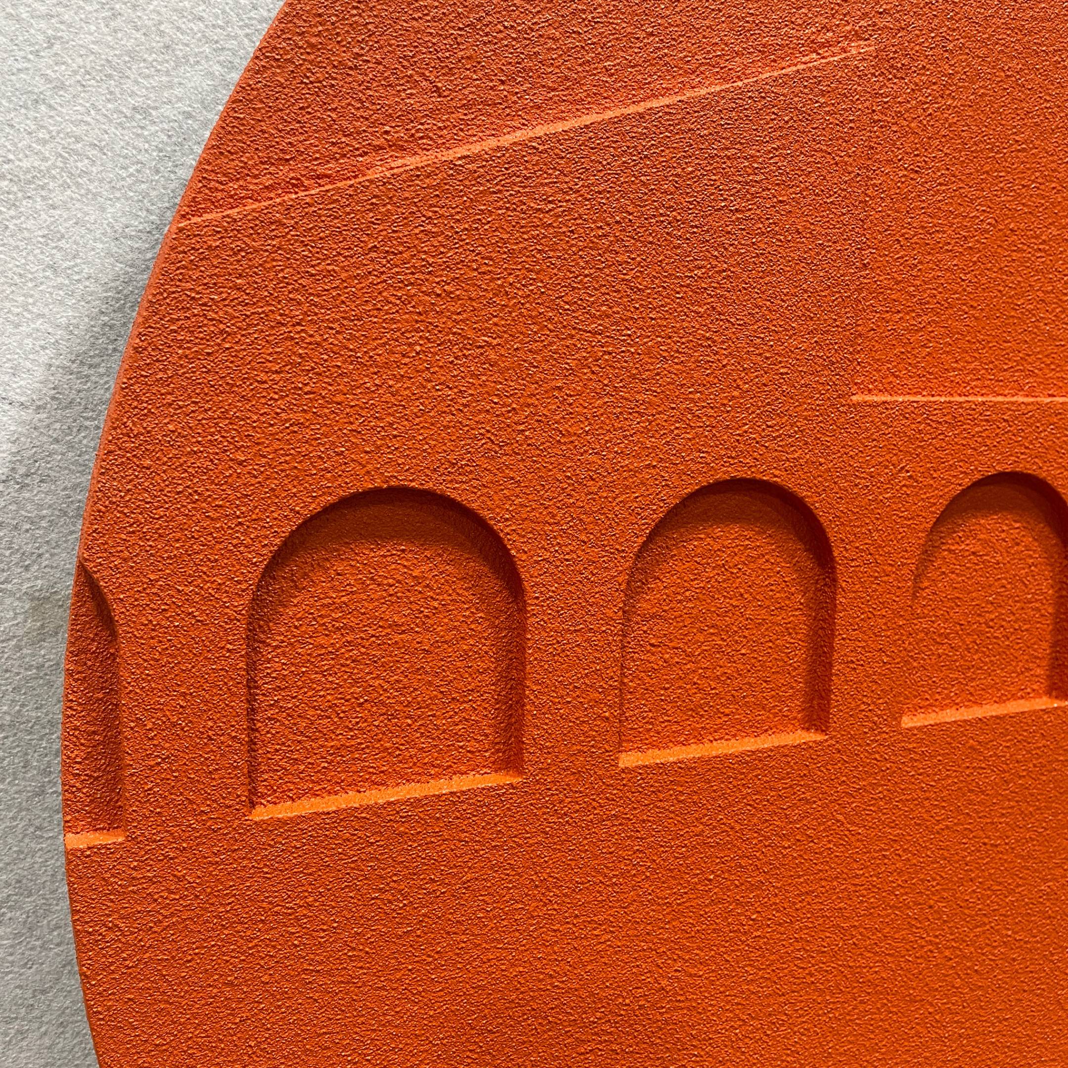 Close-up of the Giant Sculptures Arcuza Terracotta II Wood Carving Sandstone 3D Wall Art showing hand-carved recessed arches in a matte terracotta finish.