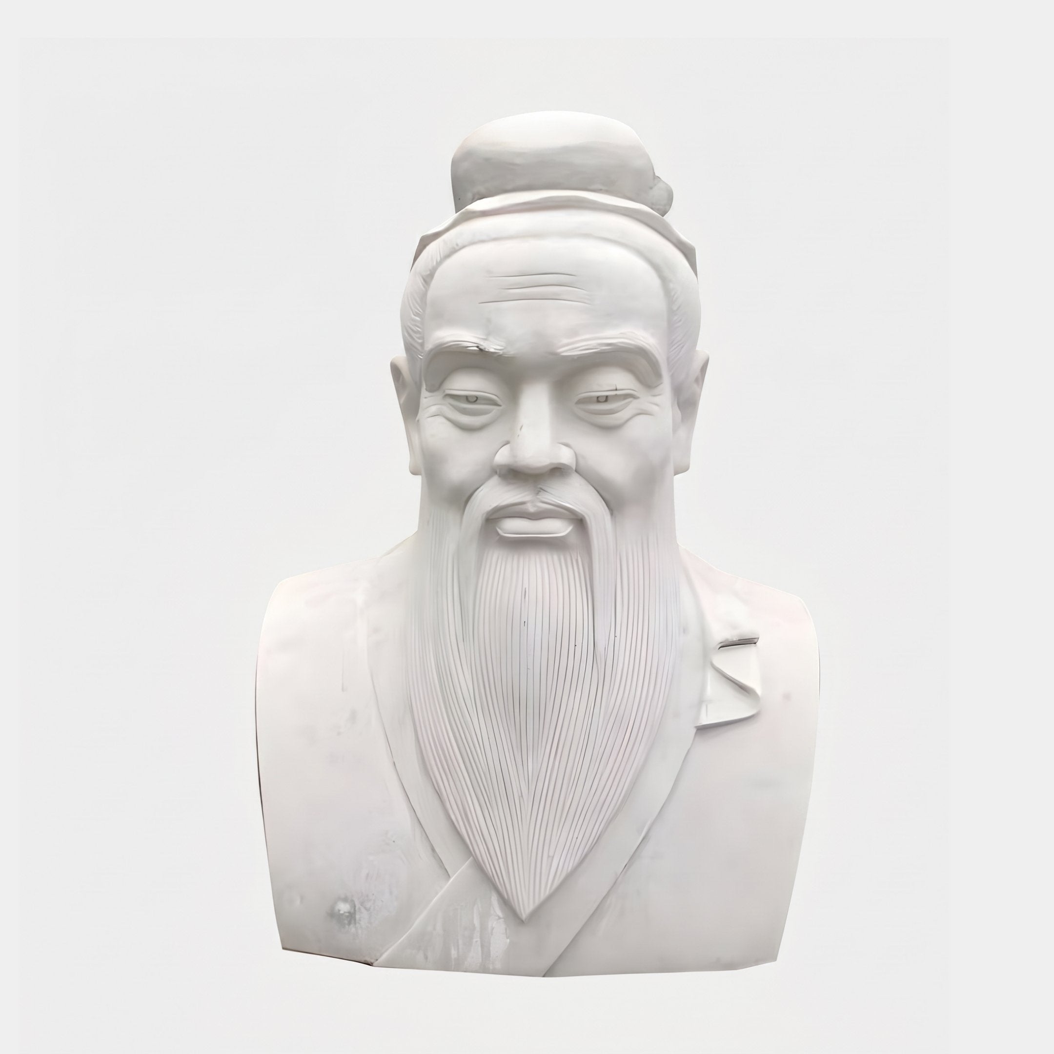 The Giant Sculptures Chinese Scholar Marble Bust Sculpture - 50cm features an elderly man with a long beard, mustache, traditional robes, and topknot, capturing the dignified presence of a scholar against a simple light background.
