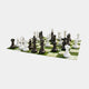 Giant Sculptures 40cm black and white marble chess set arranged mid-game on a green and white checkered board against a plain light background.