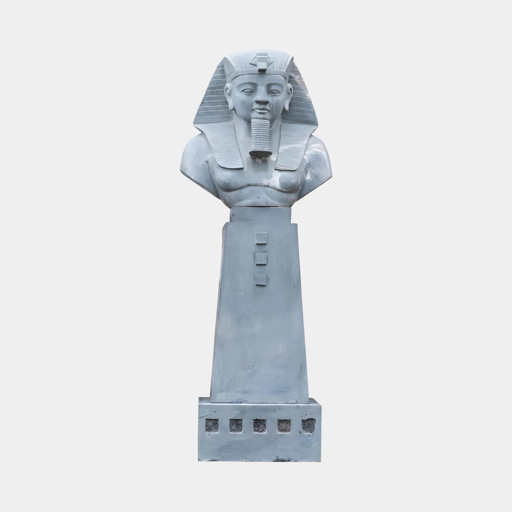 Egyptian Pharaoh Marble Sculpture 180cm by Giant Sculptures, front view of a grey bust with nemes headdress on a tapered pedestal base, plain background.