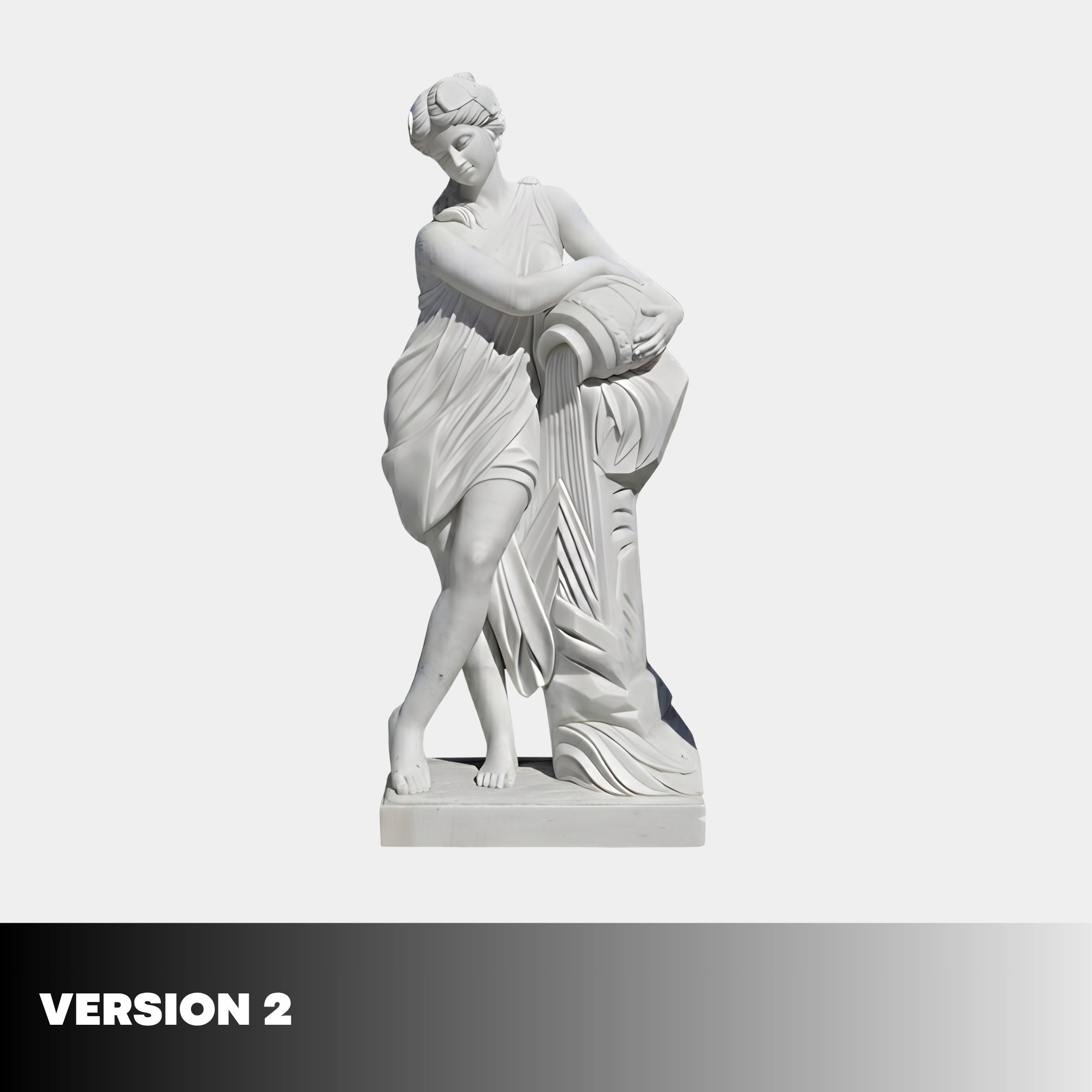 Dancing Couple Marble Sculpture by Giant Sculptures, 160cm, showing a draped female figure leaning on a draped column with one leg crossed, on a plain background.
