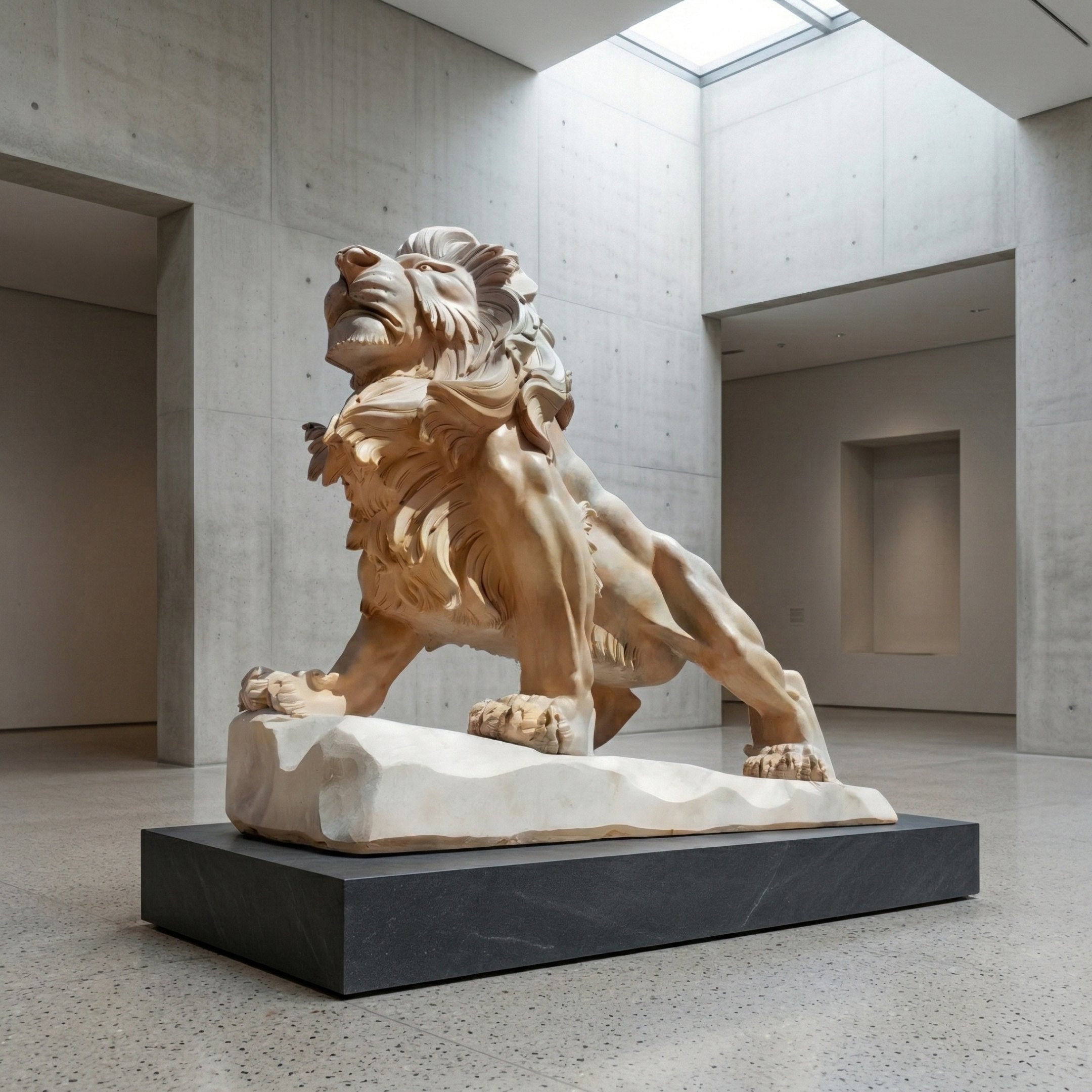 The Giant Lion Yellow Marble Outdoor Sculpture by Giant Sculptures, standing 240cm tall, features a roaring lion on a rectangular base, displayed in a modern gallery with concrete walls and skylight.
