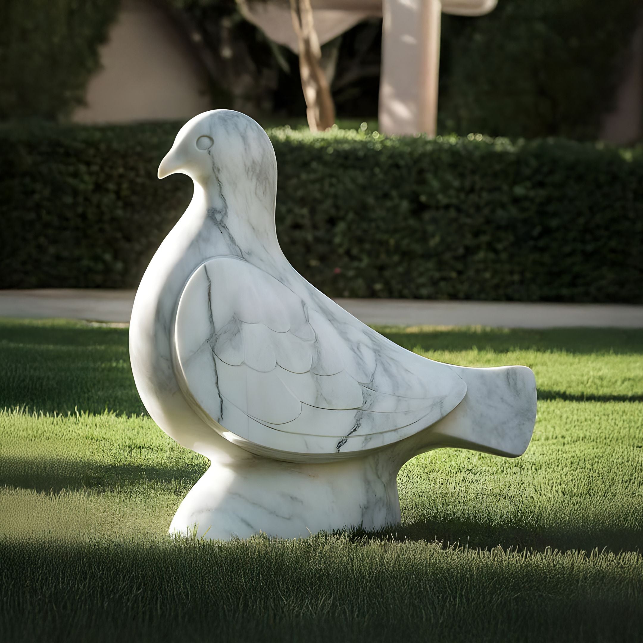 The Pure Grace Dove Marble Outdoor Sculpture by Giant Sculptures, standing at 50cm, rests gracefully on a green lawn. Its simple, smooth curves and etched wing details complement the sunlit garden and trimmed hedges, exuding tranquility.