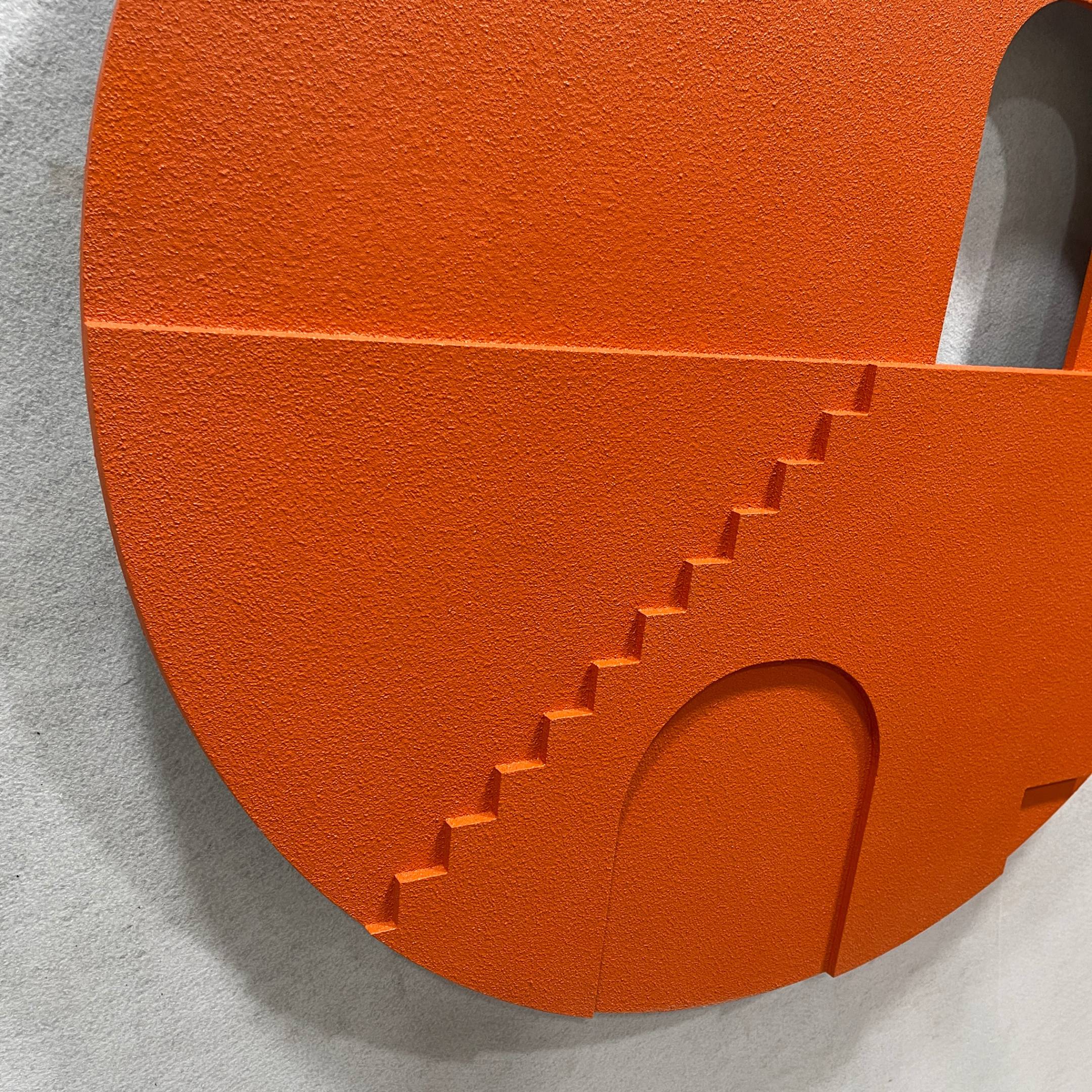 Close-up of the Arcuza Terracotta III Wood Carving Sandstone 3D Wall Art by Giant Sculptures, showing carved staircase relief, arched cut-out, and textured terracotta finish.