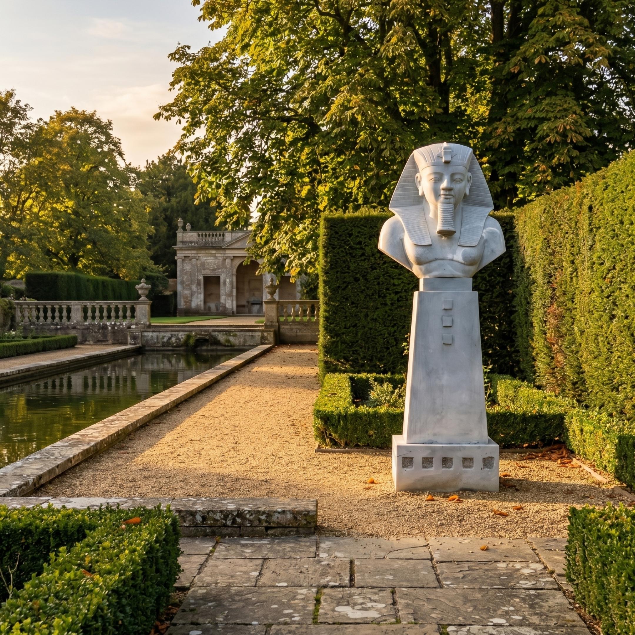 Egyptian Pharaoh Marble Sculpture 180cm by Giant Sculptures in grey marble with nemes headdress, displayed on a tall pedestal beside a hedged garden reflecting pool.