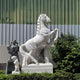 The Rearing Horse White Marble Outdoor Sculpture by Giant Sculptures, measuring 200cm, stands in front of a green and gray corrugated metal wall. Nearby, a smaller human statue enhances this serene scene, framed by surrounding bushes and grasses.