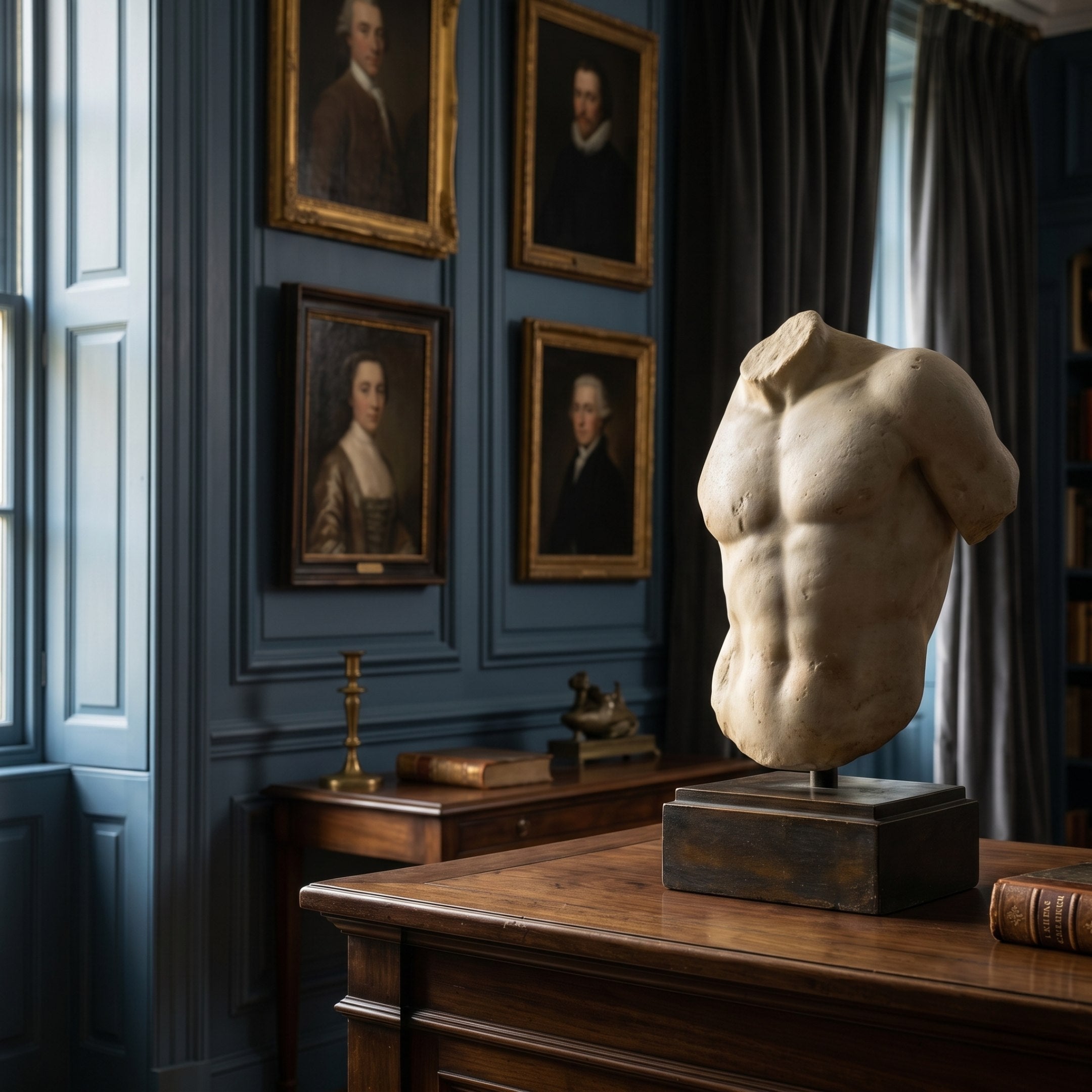 The Male Marble Torso Sculpture - 100cm by Giant Sculptures is displayed on a wooden desk in a study with blue walls, framed portraits, books, tall windows, and dark curtains in the background.