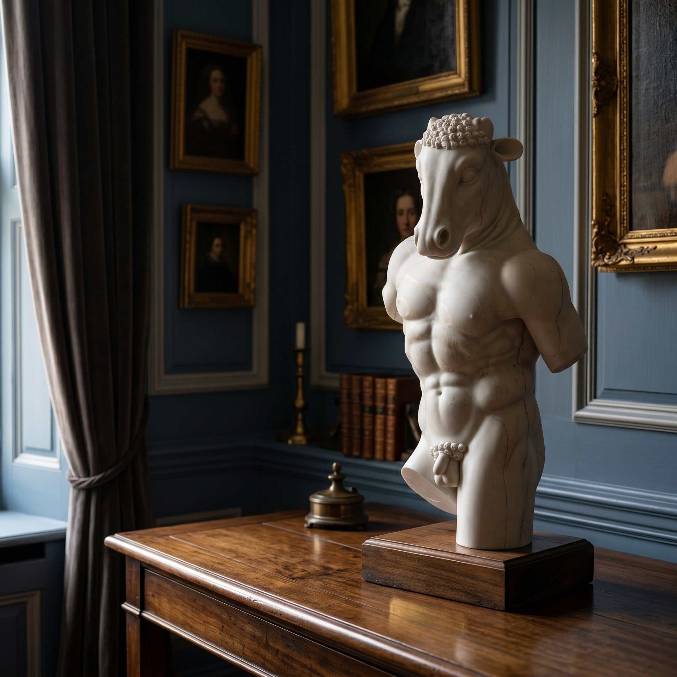 The Bacchus Marble Torso Sculpture - 120cm by Giant Sculptures, featuring a bull’s head, is showcased on a wooden table in an elegant blue-paneled room decorated with framed portraits and books.