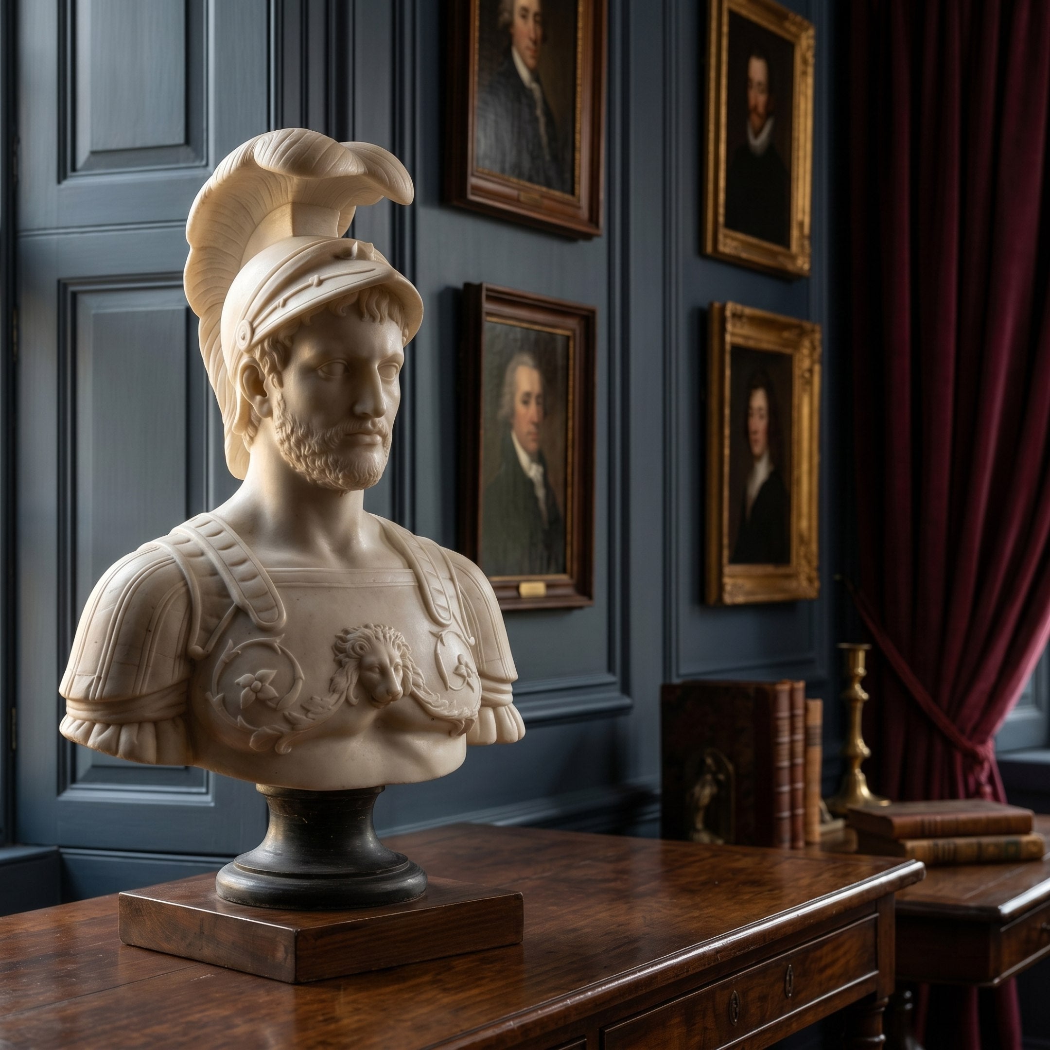 The Athena Marble Bust Sculpture (90cm) by Giant Sculptures stands on a wooden desk amid dark blue walls, framed portraits, red curtains, and antique books, evoking the ambiance of a classic marble collection.