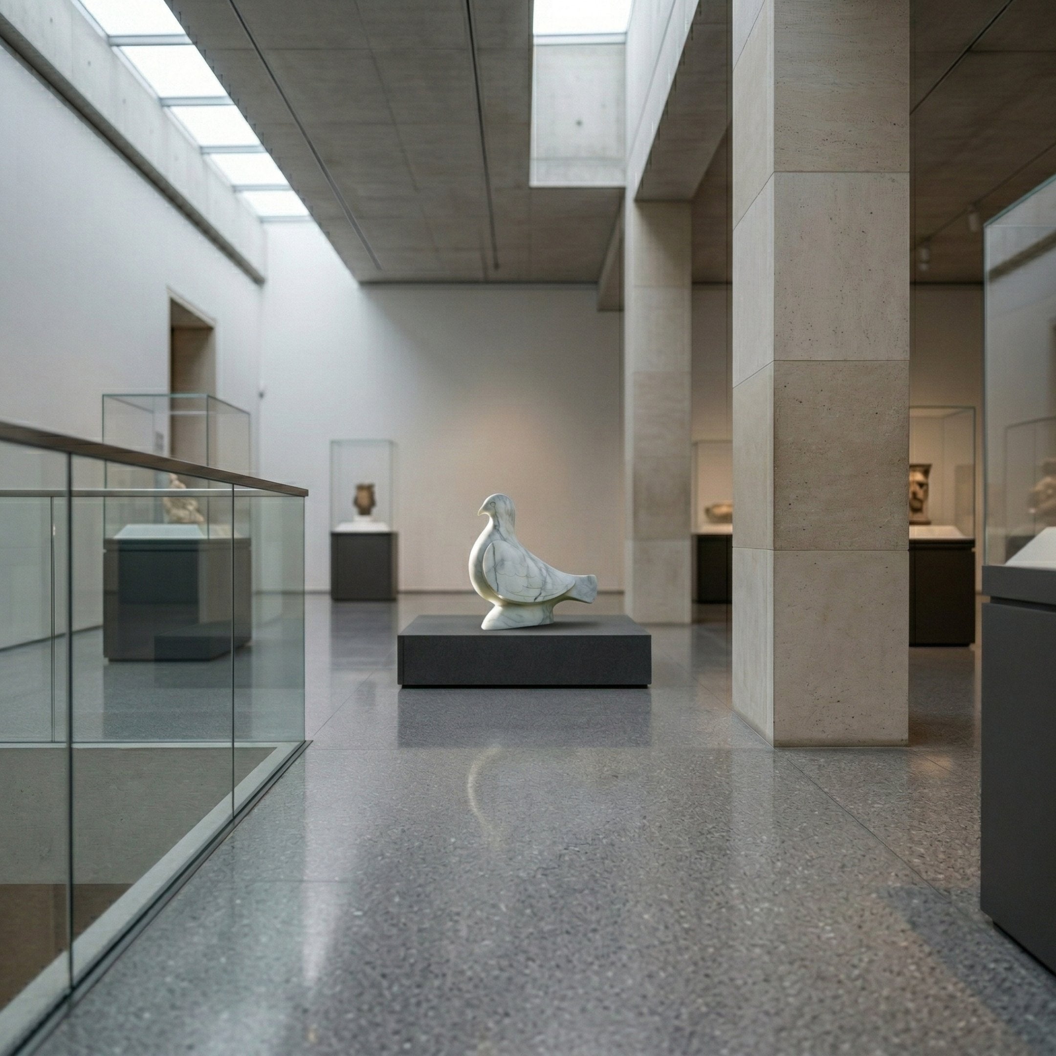 In a modern museum gallery, the Giant Sculptures Pure Grace Dove Marble Outdoor Sculpture - 50cm is showcased on a pedestal amid stone columns and glass art cases, with natural light streaming in from skylights above.