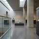 In a modern museum gallery, the Giant Sculptures Pure Grace Dove Marble Outdoor Sculpture - 50cm is showcased on a pedestal amid stone columns and glass art cases, with natural light streaming in from skylights above.