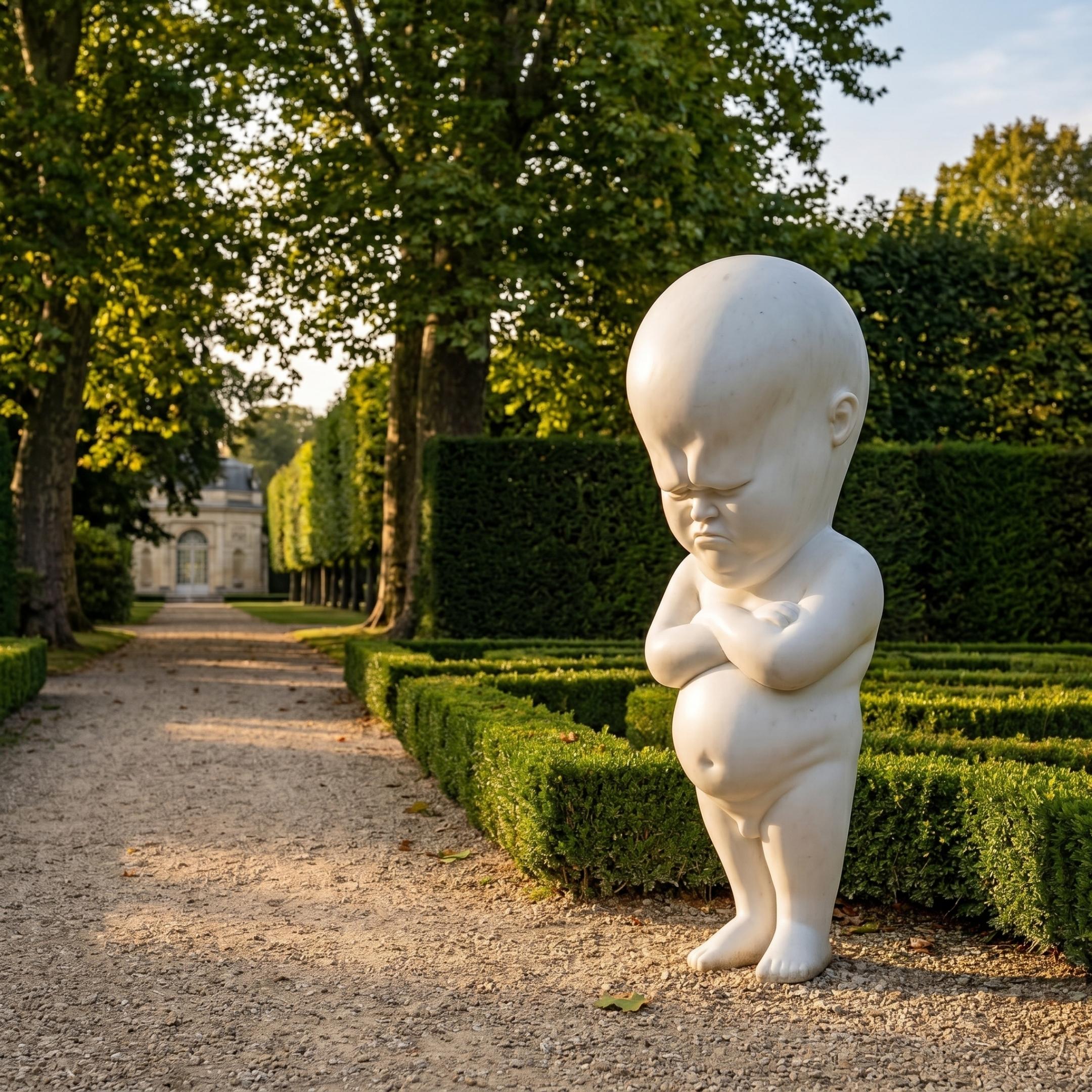 Grumpy Baby Marble Sculpture by Giant Sculptures, 100cm white marble figure with folded arms and furrowed brow, displayed on a gravel path beside manicured garden hedges.