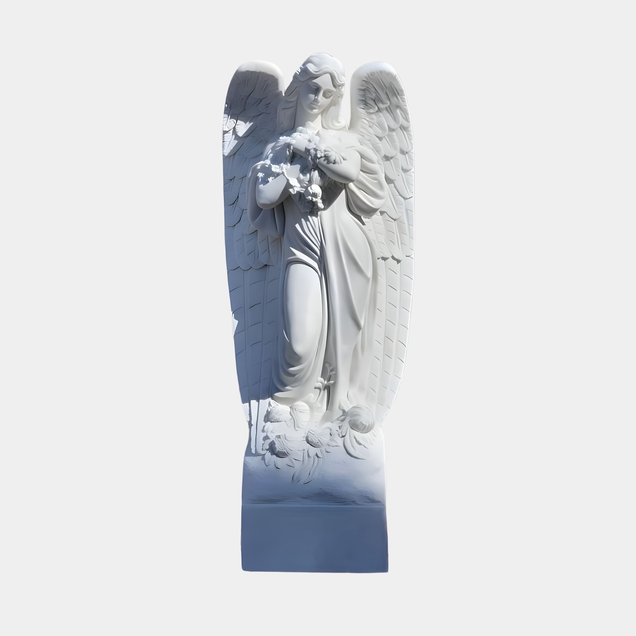 The Blooming Guardian Angel Marble Outdoor Sculpture by Giant Sculptures, standing at 220cm, gracefully features large detailed wings and flowing robes while holding flowers. This exquisite white angel piece adds an elegant touch to any garden decor against its plain background.