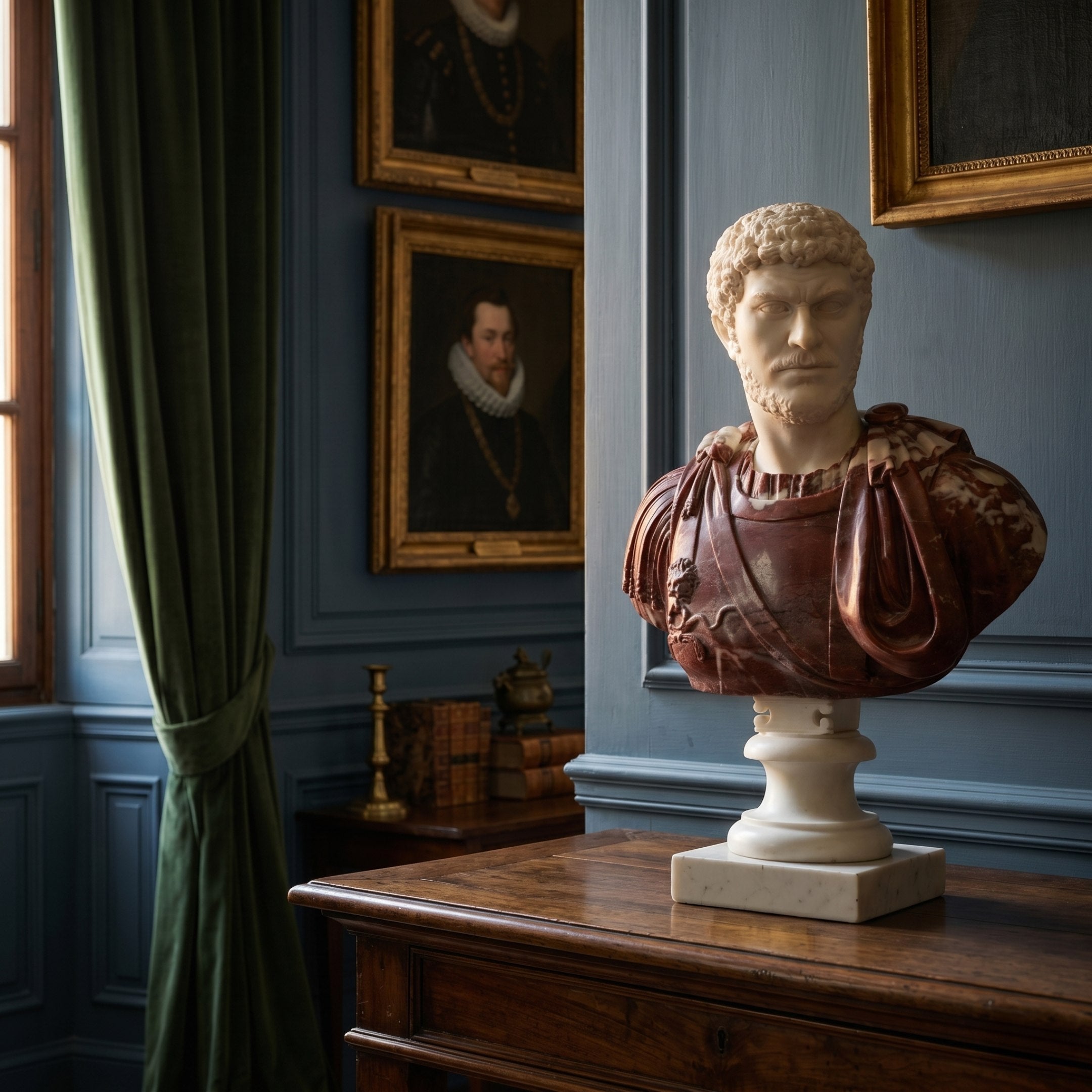 The Roman General Marble Bust Sculpture - 85cm by Giant Sculptures adds classical grandeur atop a wooden table in an elegant room with blue paneled walls, framed portraits, green curtains, and antique decor.