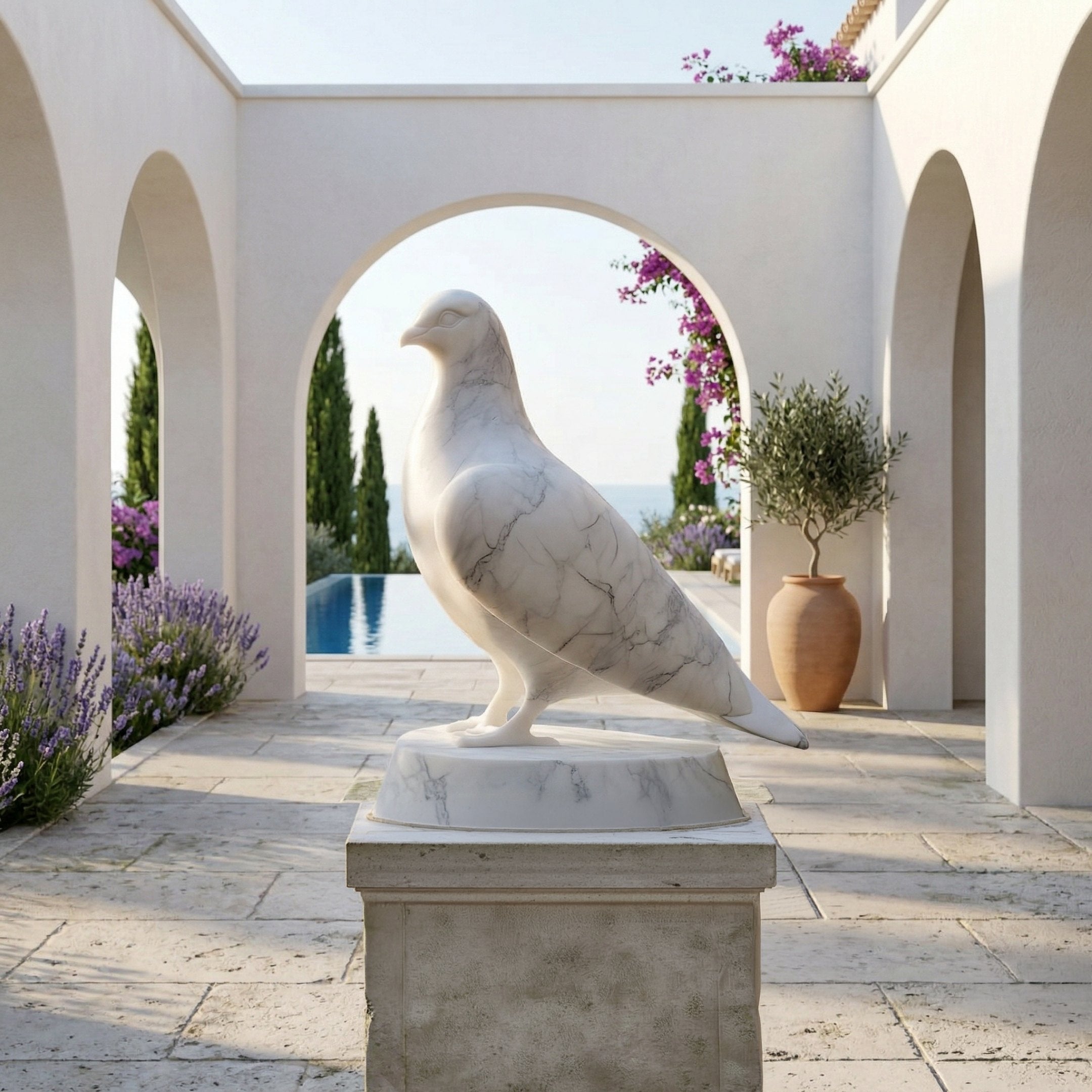 The Elegant Dove Marble Outdoor Sculpture - 50cm by Giant Sculptures is displayed on a pedestal in a sunlit Mediterranean courtyard with arches, potted plants, lavender, a pool view, and distant trees.