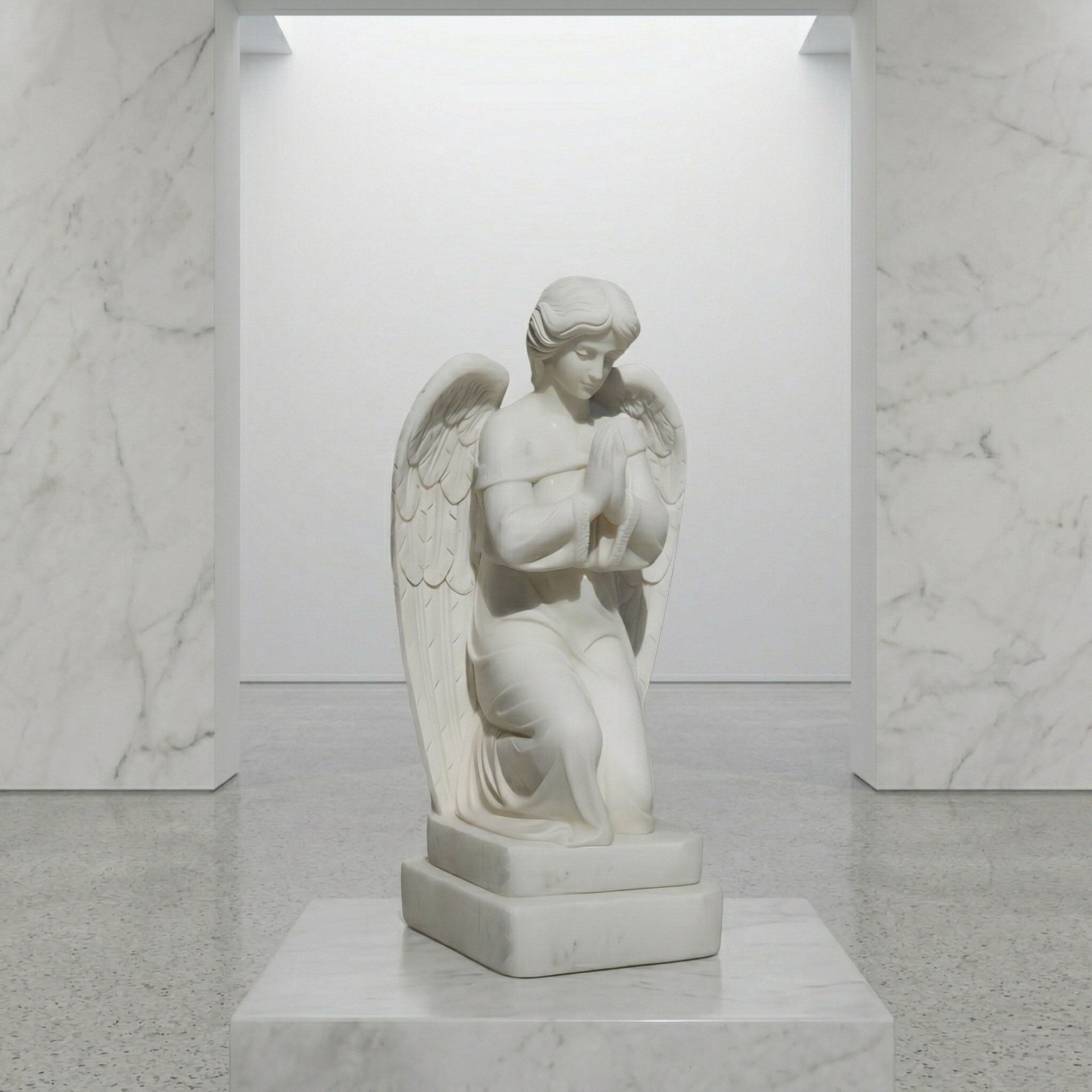The Kneeling Prayer Angel Marble Outdoor Sculpture - 120cm by Giant Sculptures, featuring folded hands, is showcased on a pedestal in a bright, minimalist gallery with marble walls and flooring.