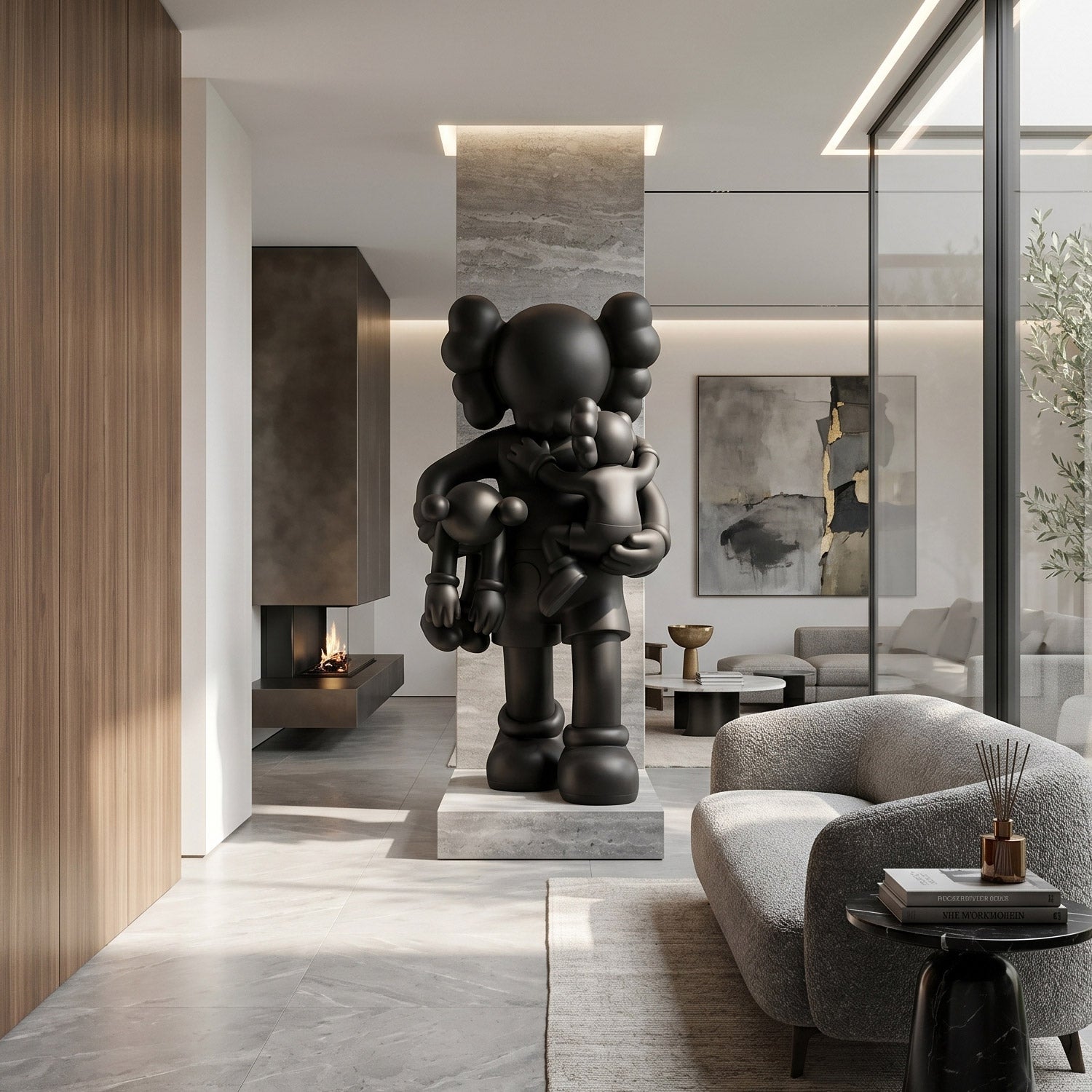 Midnight Black Iconify Family Sculpture by Giant Sculptures, 200cm matte black resin trio on a stone plinth, displayed in a minimalist living room beside a fireplace.