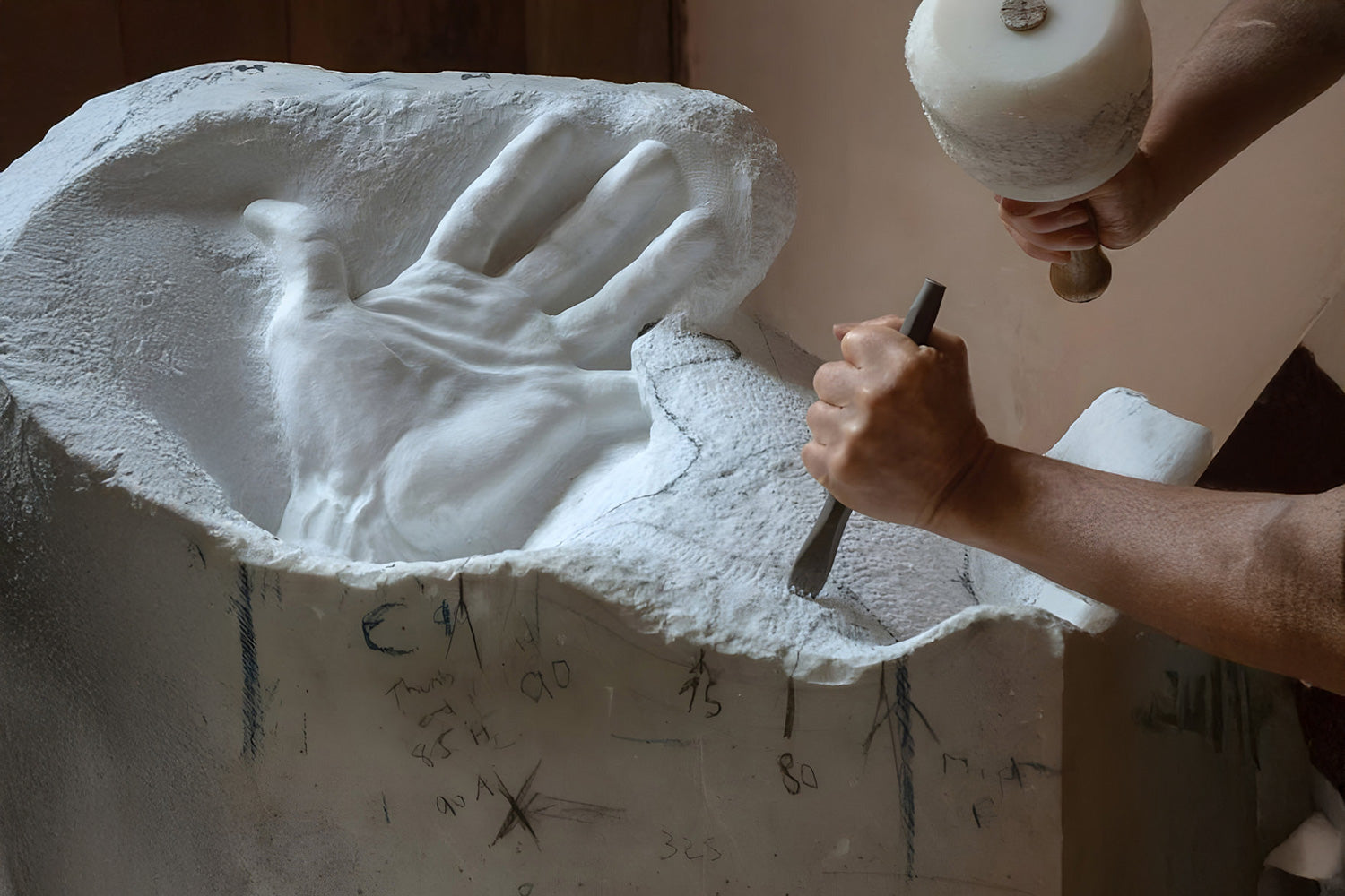 A sculptors hands are chiseling a large, detailed sculpture of a hand from a block of white marble. Pencil markings are visible on the marble surface. The background is blurred, focusing on the artwork and tools.