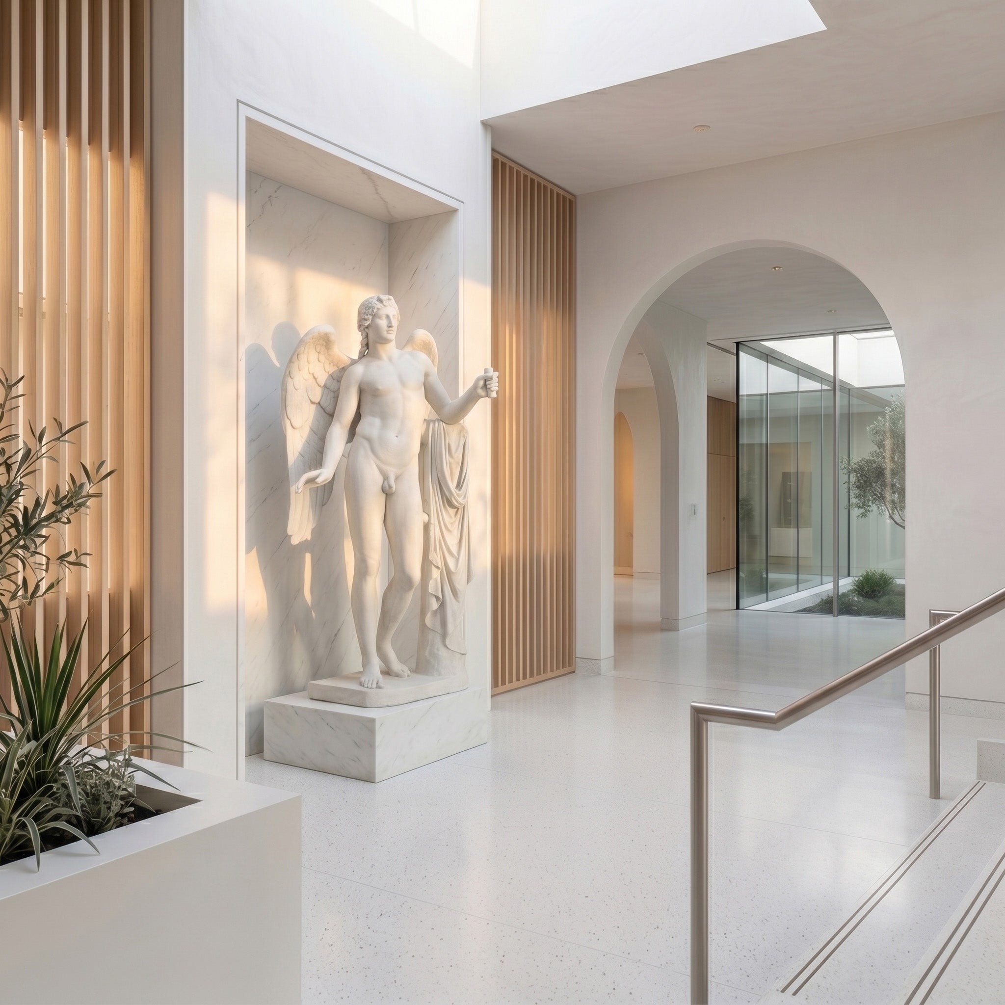 Eros Genie Of Borghese Angel Marble Outdoor Sculpture by Giant Sculptures, 180cm white marble figure with outstretched wings in contrapposto stance, displayed in a bright modern hallway with arched doorway and wooden slat accents.