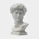 Michelangelo's David Marble Bust Sculpture by Giant Sculptures—55cm tall, featuring curly hair and a serious expression on a rectangular base, stands out against a plain white background.
