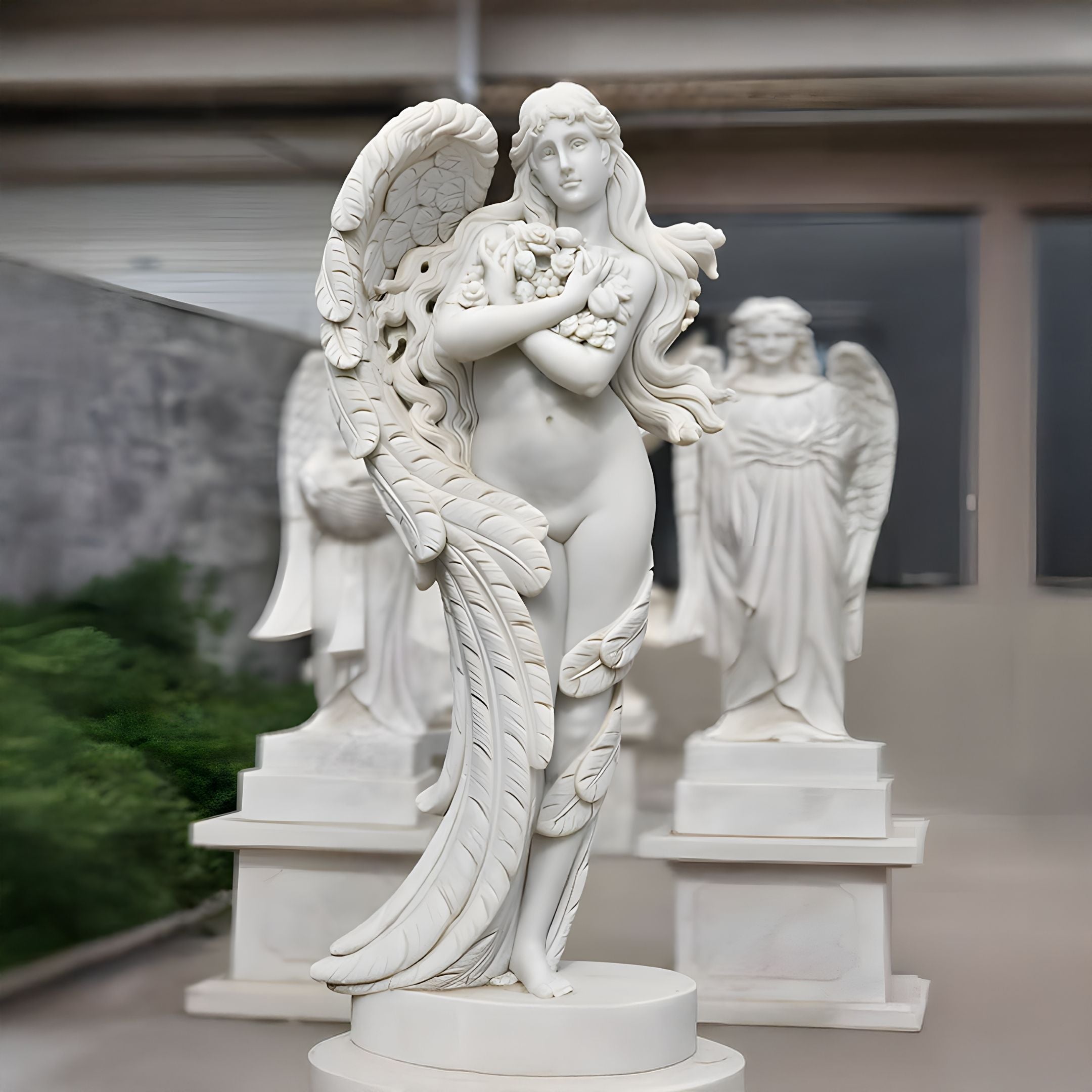 The Leaf-Winged Angel Marble Outdoor Sculpture by Giant Sculptures stands at 170cm with intricate feather and floral details, exuding spirituality. Other similar statues enhance the scene against a blurred indoor backdrop.