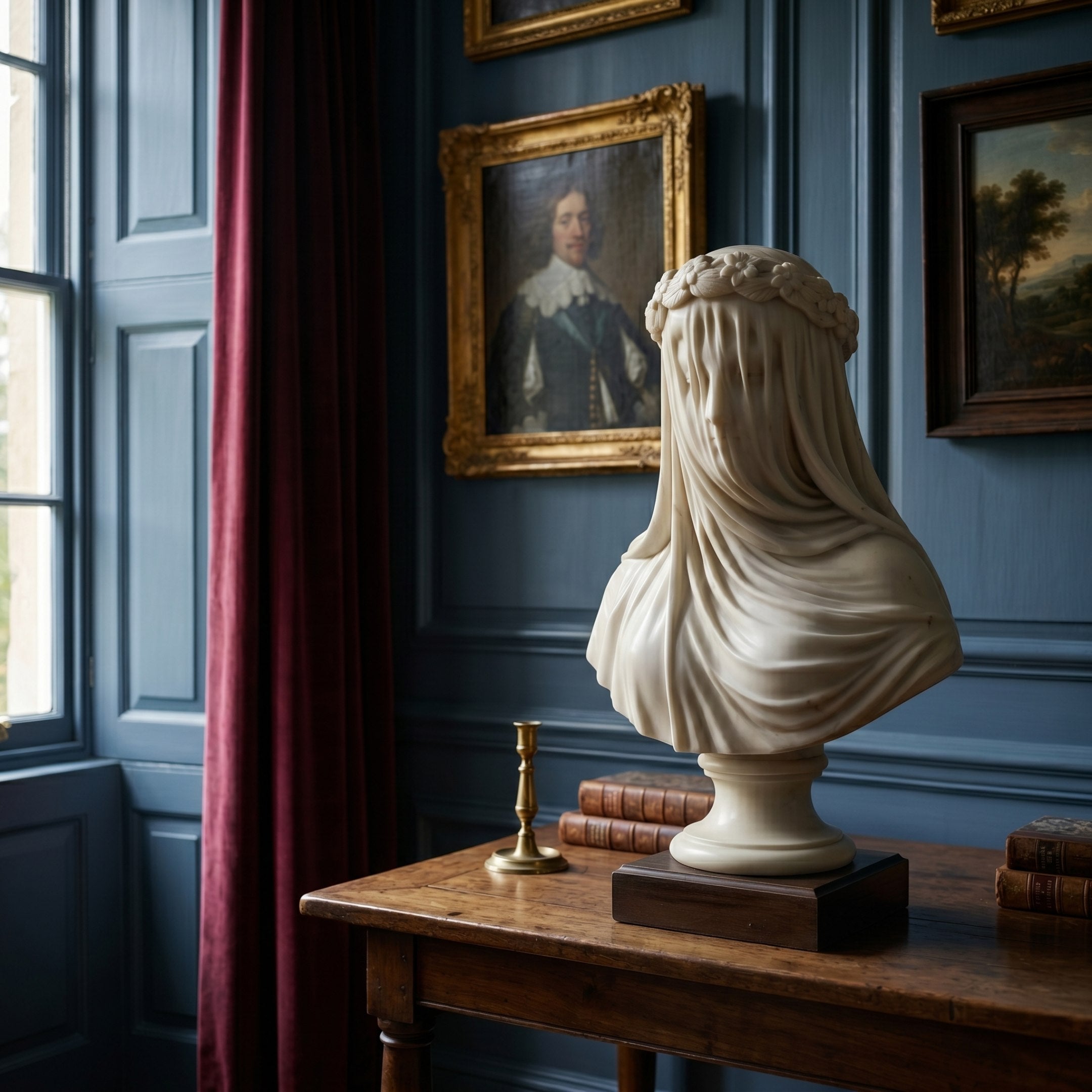 The Veiled Bride Marble Bust Sculpture by Giant Sculptures (65cm) sits on a wooden table with vintage books and a brass candlestick. Blue paneled walls, framed art, and red-curtained windows add to the elegant atmosphere.