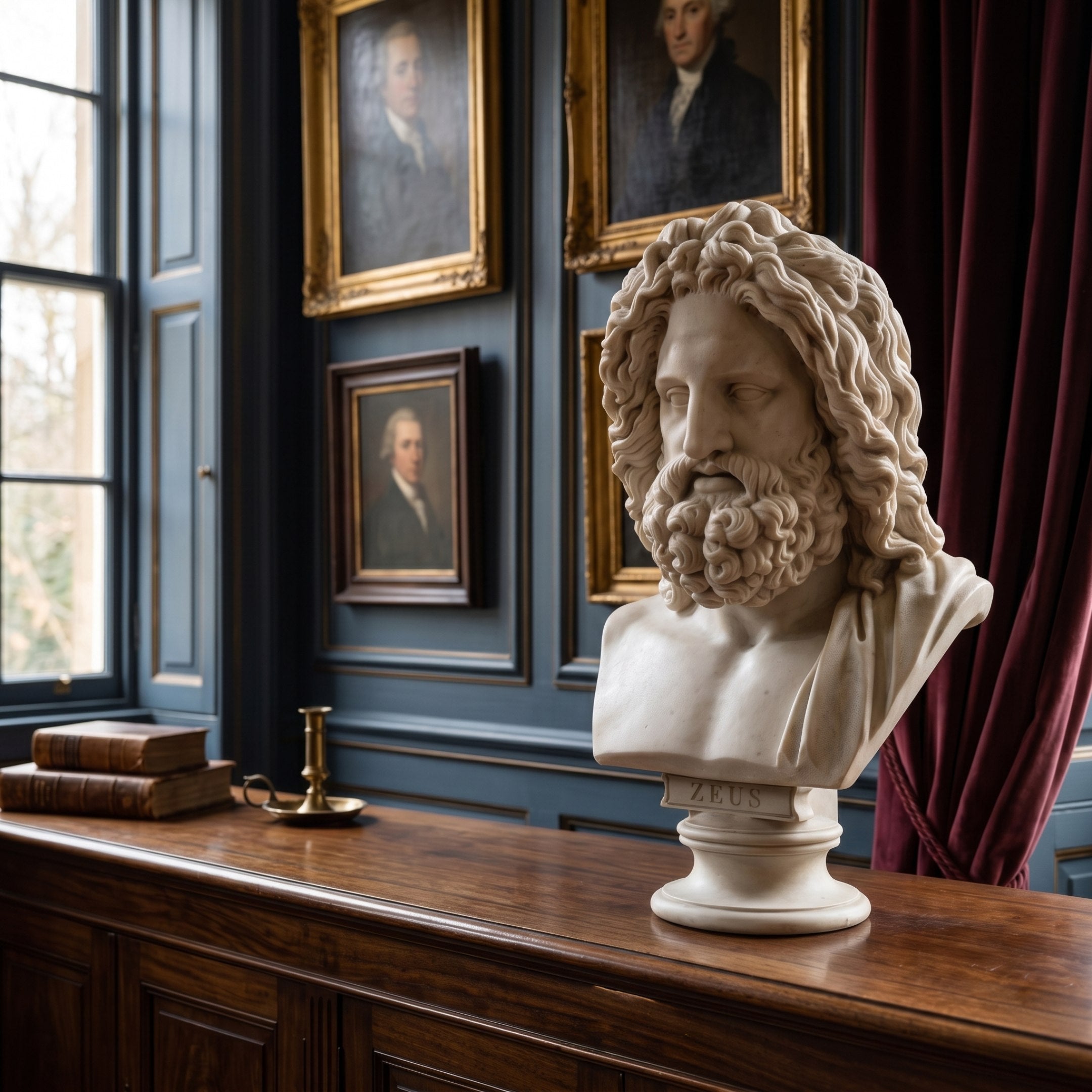 The Zeus Marble Bust Sculpture - 55cm by Giant Sculptures sits on a wooden cabinet in a classic study with blue paneled walls, framed portraits, red drapes, and stacks of old books.