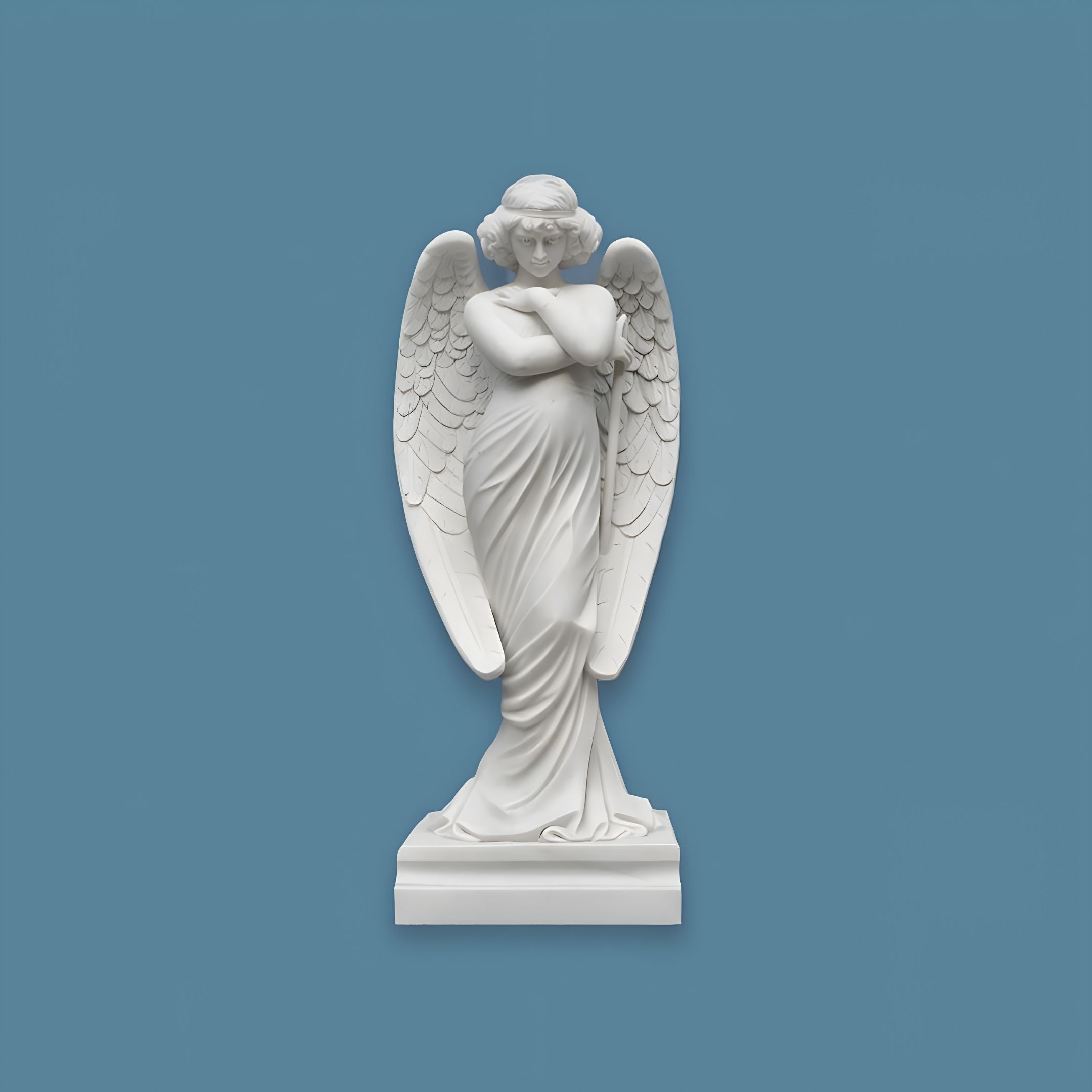 The Graceful Crossed-Arms Angel Marble Outdoor Sculpture by Giant Sculptures is a serene garden centerpiece, featuring a white marble angel with flowing robes and ethereal wings on a pedestal against a blue background.