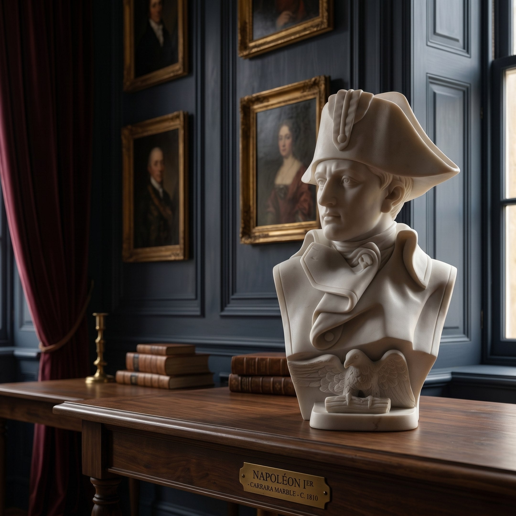 The Napoleon Military Marble Bust Sculpture - 65cm by Giant Sculptures sits on a wooden table in an elegant room with portraits, books, and a window—a striking piece of military history and refined decor.