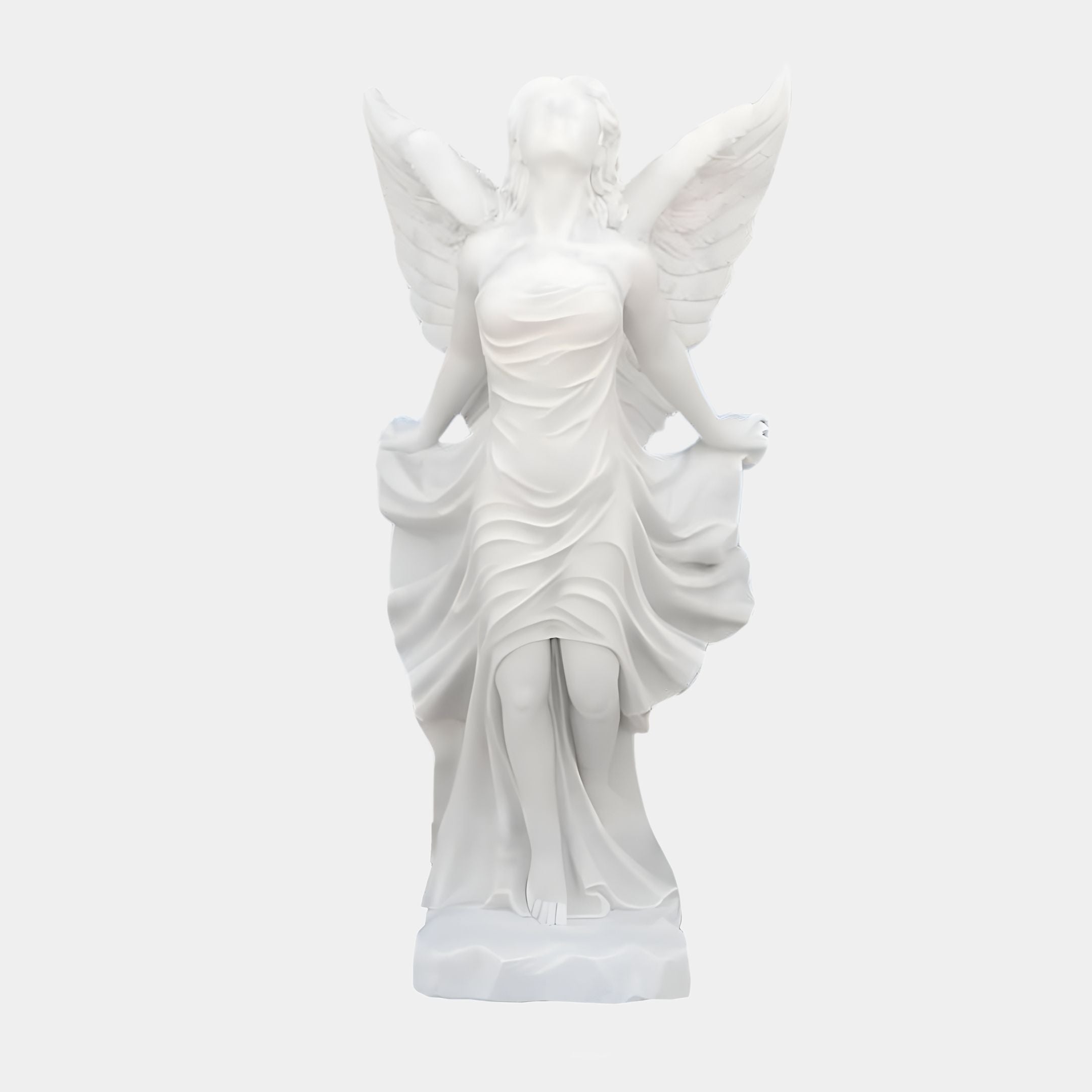 The Skyward Gaze Angel Marble Outdoor Sculpture by Giant Sculptures, standing at 200cm, features a beautifully draped gown and upward-tilted head. Its extended wings make it an elegant garden focal point as it holds the edges of its attire gracefully.