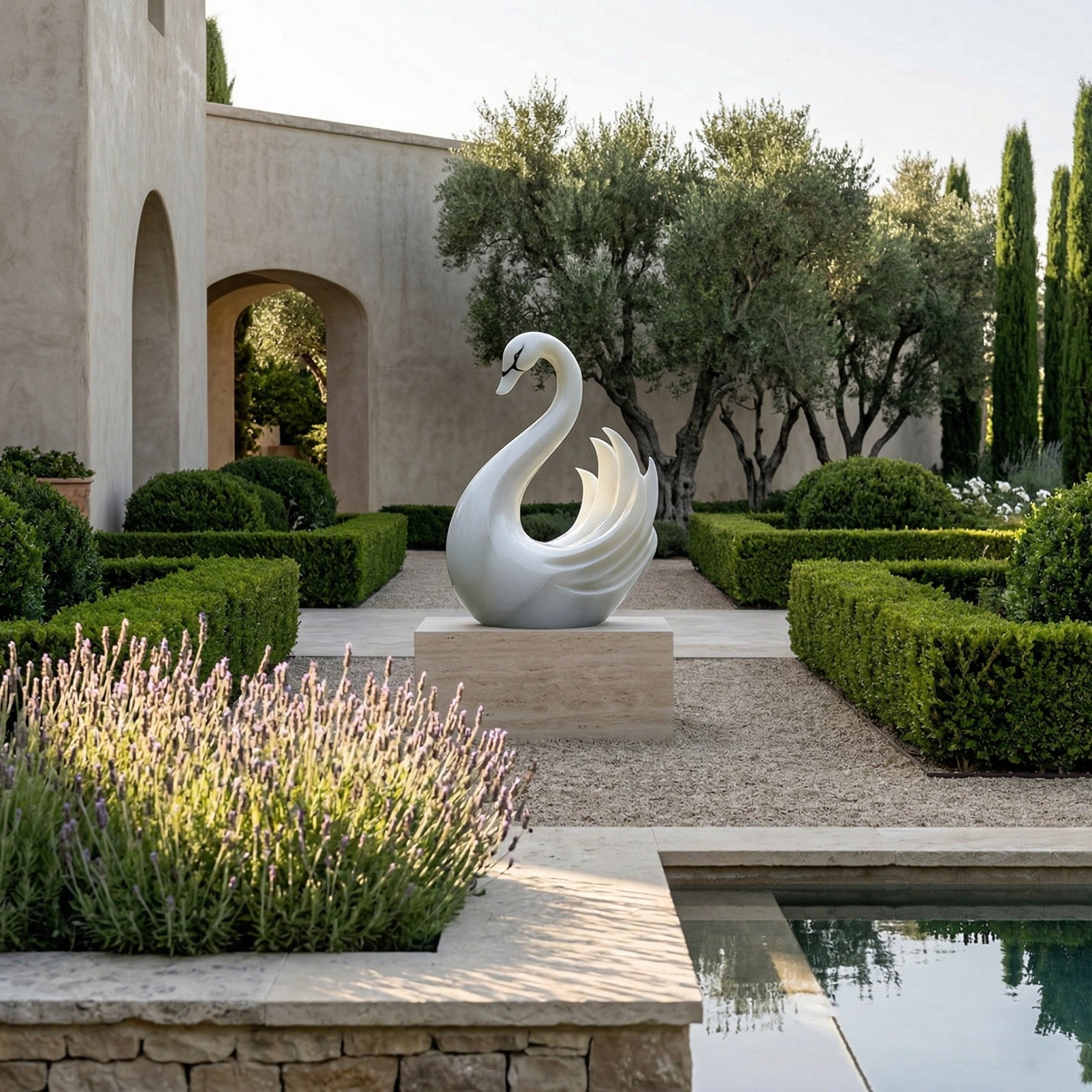 The Elegant Swan White Marble Outdoor Sculpture - 100cm by Giant Sculptures is displayed on a pedestal in a manicured garden with geometric hedges, lavender, olive trees, a stone building, and a reflecting pool in the background.