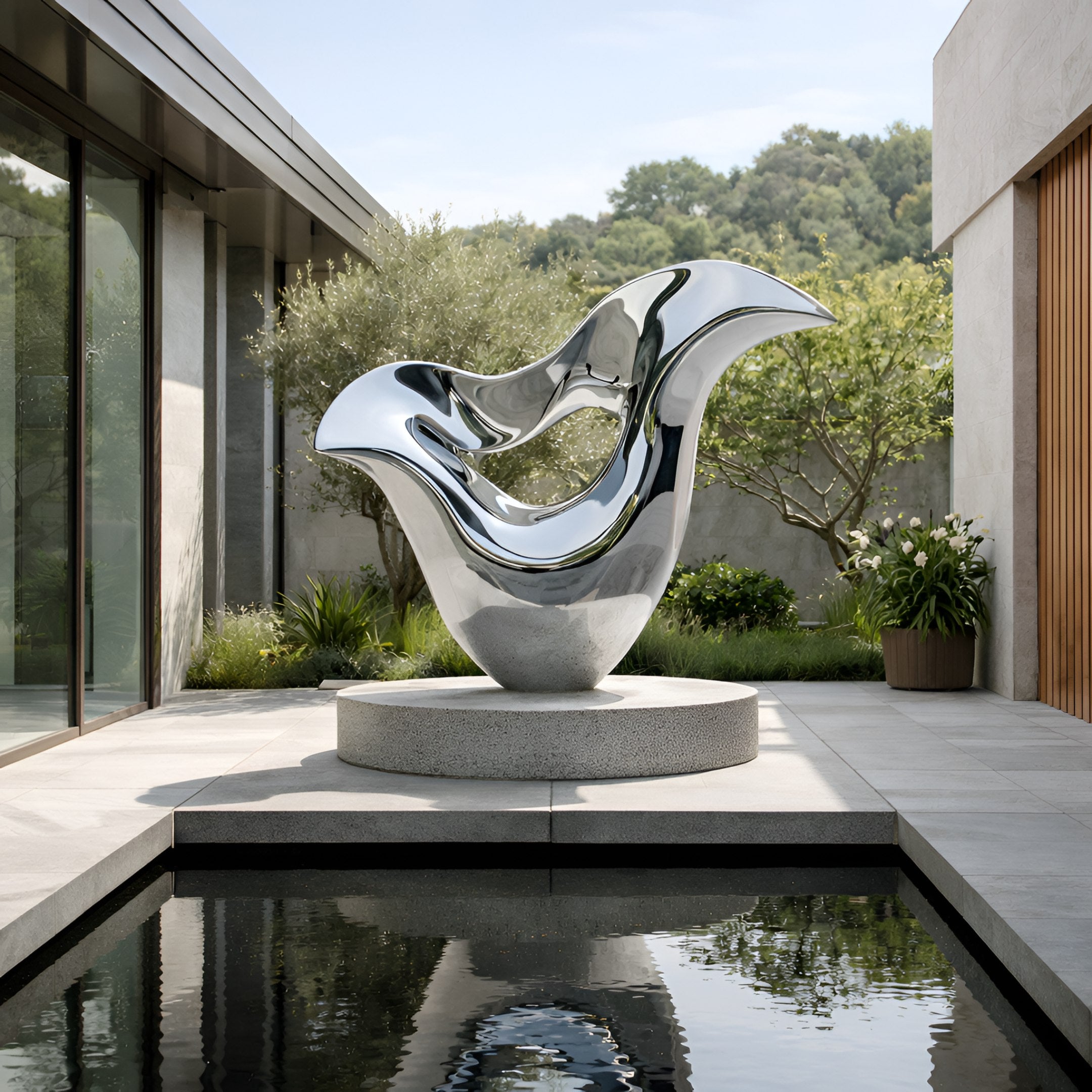 The Wisp Silver Abstract Steel Sculpture - 200cm by Giant Sculptures stands on a circular pedestal in a modern courtyard, its sleek form reflected in a still rectangular pool with trees and greenery behind.