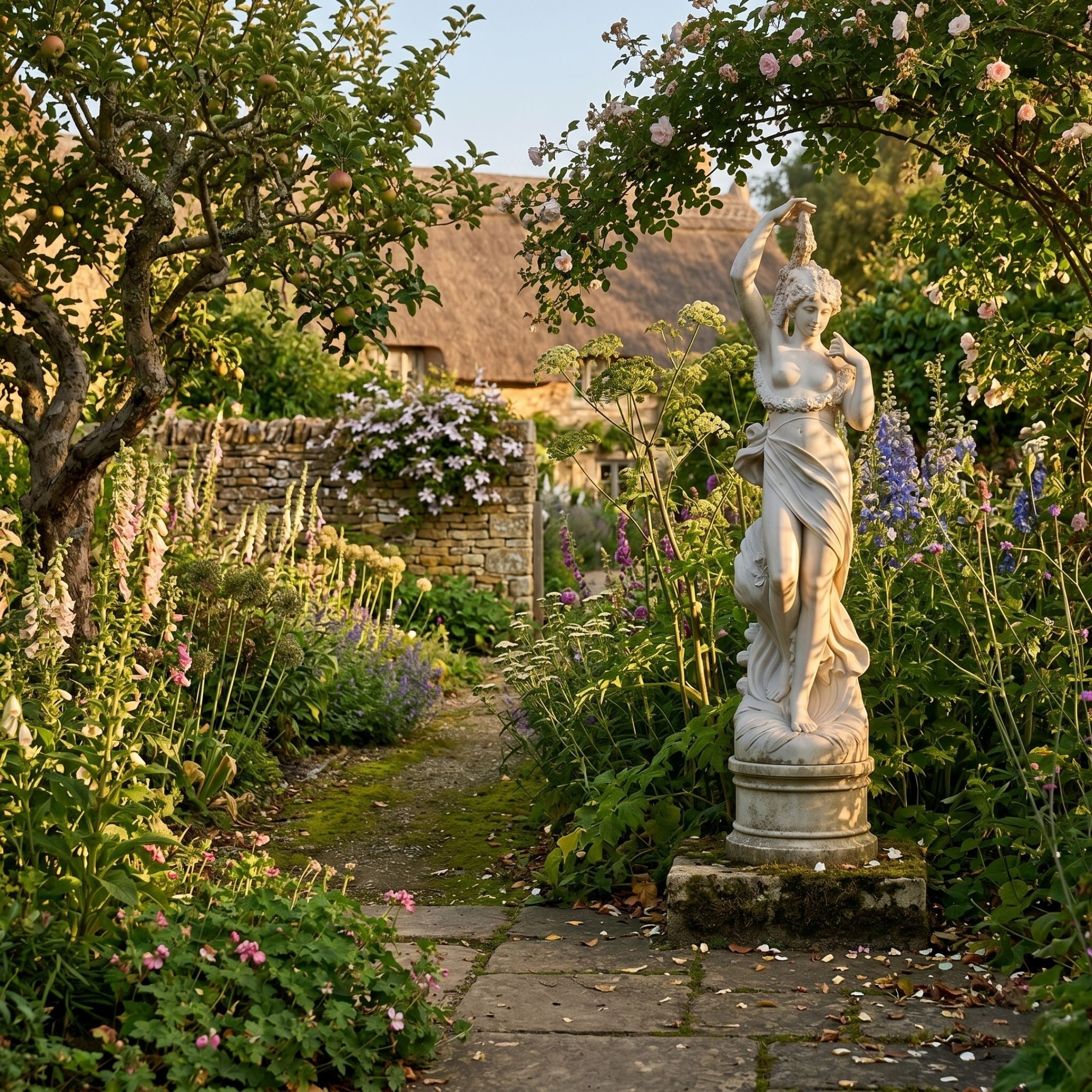 Giant Sculptures' 210cm Female Figure with Pedestal Marble Sculpture on a stone path in a cottage garden with foxgloves, delphiniums, and roses.