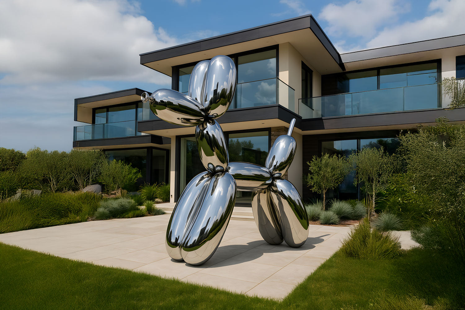 A modern two-story house with large glass windows is in the background. In the foreground, theres a large, shiny, metallic balloon dog sculpture on a stone patio, surrounded by a neatly manicured lawn and some plants.