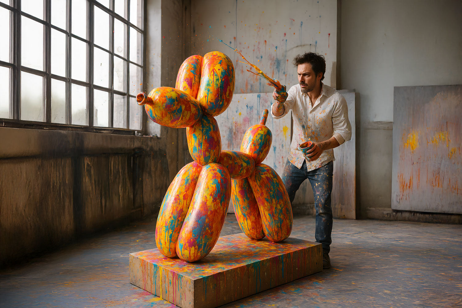 A man in a white shirt energetically splashes paint onto a large balloon animal sculpture in a spacious, paint-splattered studio. The sculpture is vibrant with a multicolored pattern, and sunlight streams through a large window.