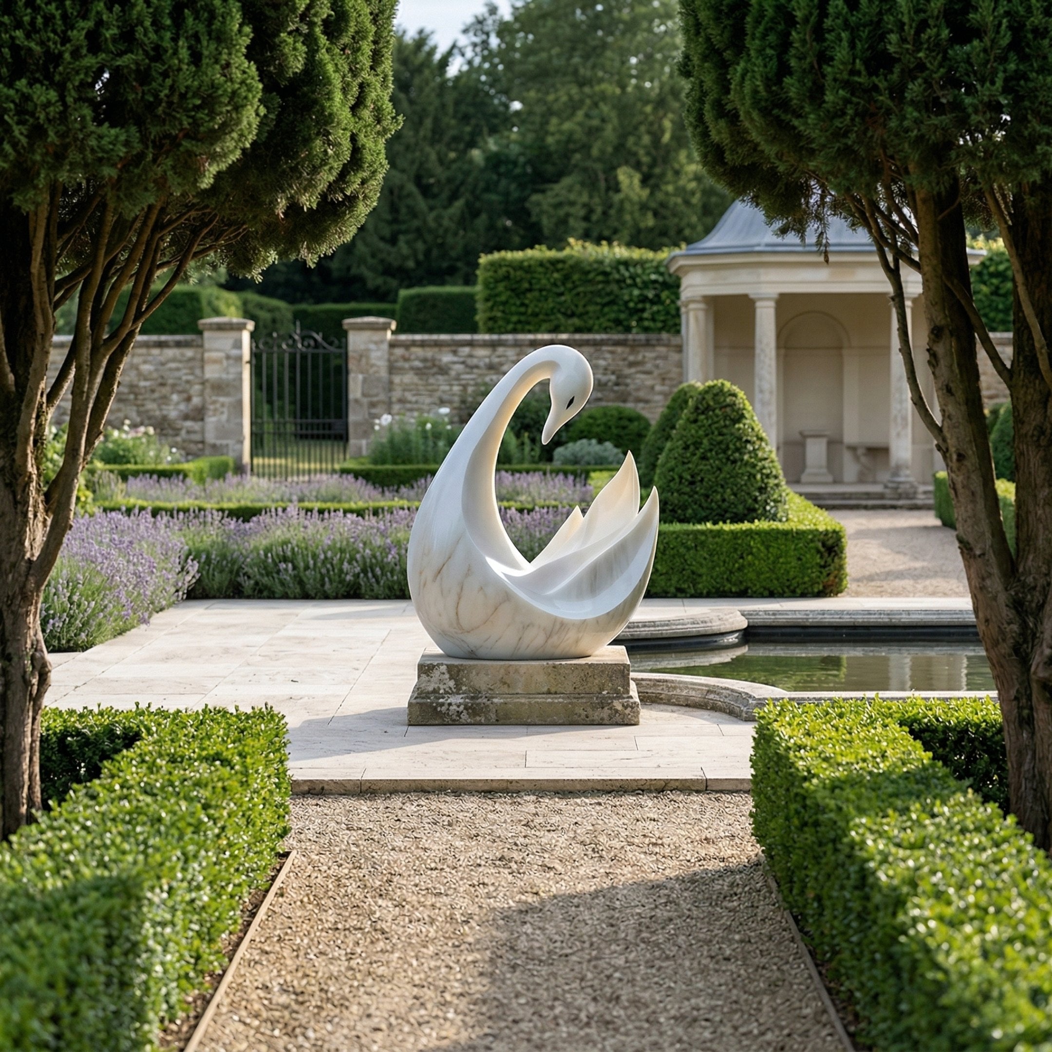 The Graceful Swan White Marble Outdoor Sculpture (100cm) by Giant Sculptures stands on a pedestal amid trimmed hedges, lavender, and a pond—an elegant garden decor piece with a classical pavilion in the background.