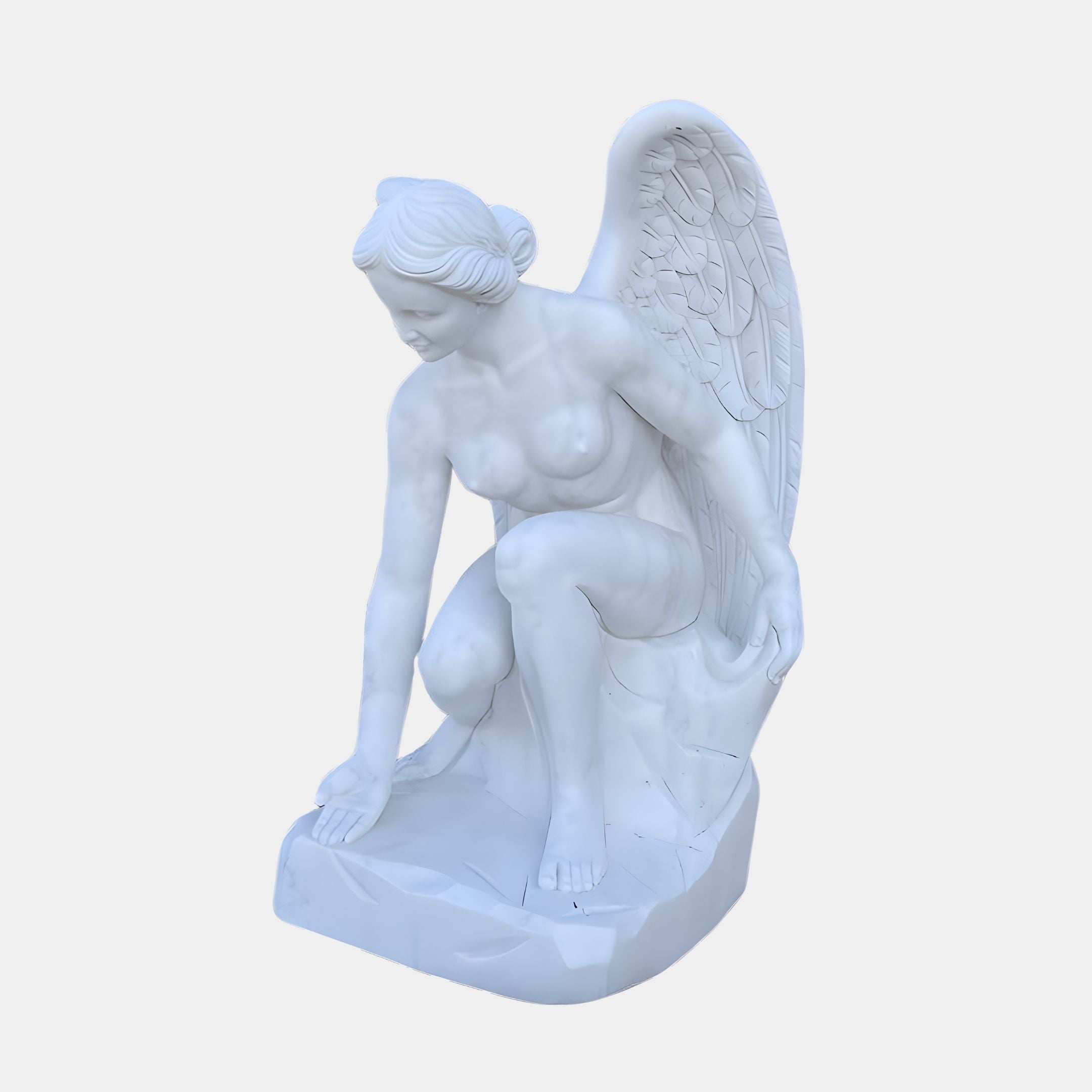 The Crouching Grace Angel Marble Outdoor Sculpture - 150cm by Giant Sculptures features a white marble angel kneeling with unfurled wings, one hand touching its textured base and the other on its knee, making it an exquisite addition to any outdoor setting.