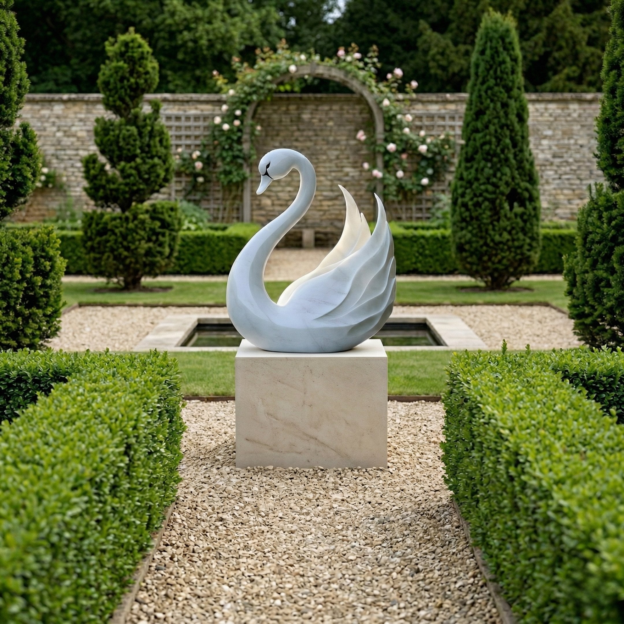 The Radiant Swan White Marble Outdoor Sculpture (100cm) by Giant Sculptures stands on a stone pedestal in a formal garden, framed by manicured hedges, tall trees, gravel paths, and an arched brick wall with climbing roses.