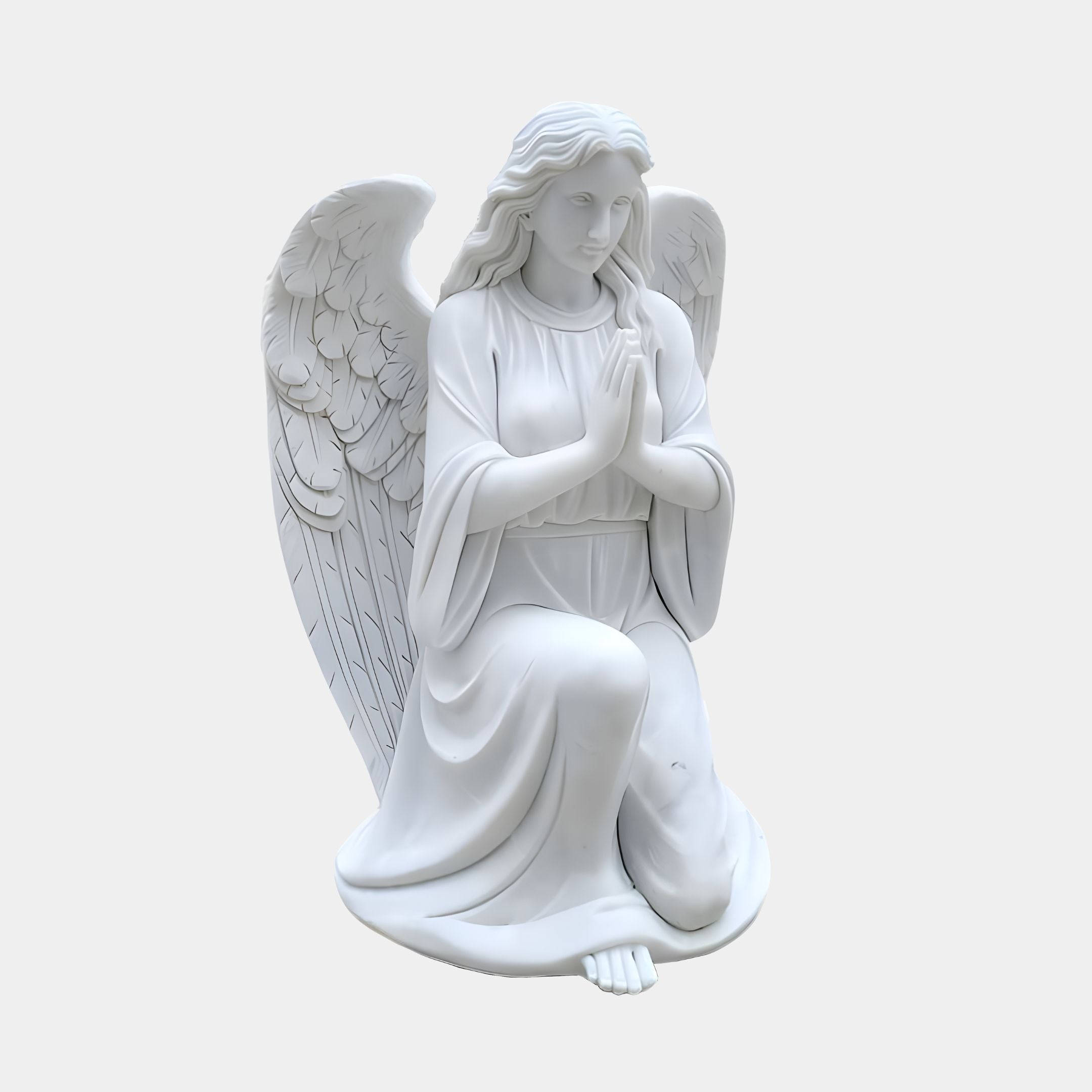 The Kneeling Serenity Angel Marble Outdoor Sculpture by Giant Sculptures is a 150cm white marble statue featuring intricately detailed wings and flowing hair, kneeling in prayer in a long robe, creating a serene garden centerpiece against any plain backdrop.