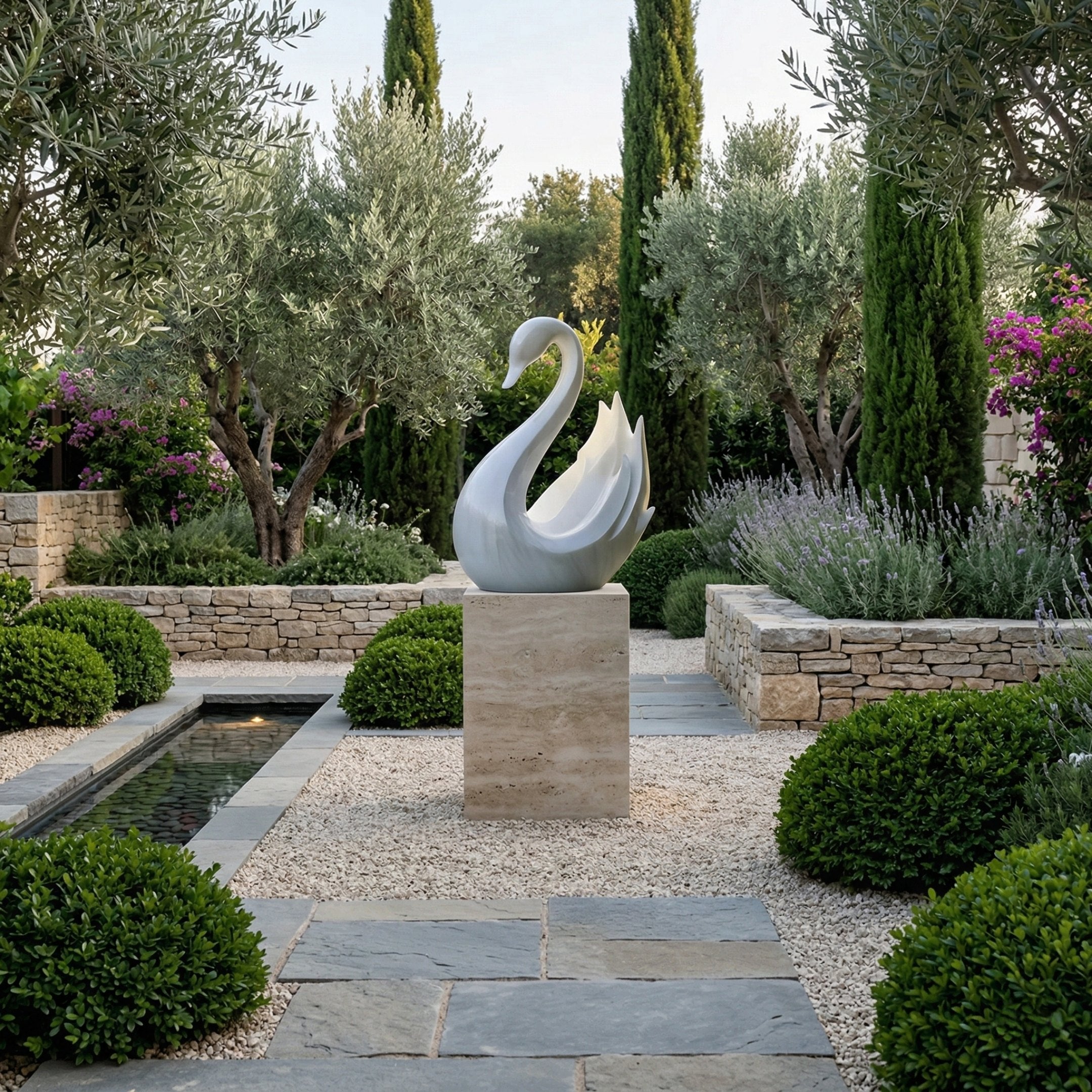 A modern garden showcases the Giant Sculptures Serene Swan White Marble Outdoor Sculpture (100cm) on a stone pedestal, surrounded by trimmed bushes, stone walls, tall trees, lavender, and a narrow water feature along a gravel and slate path.