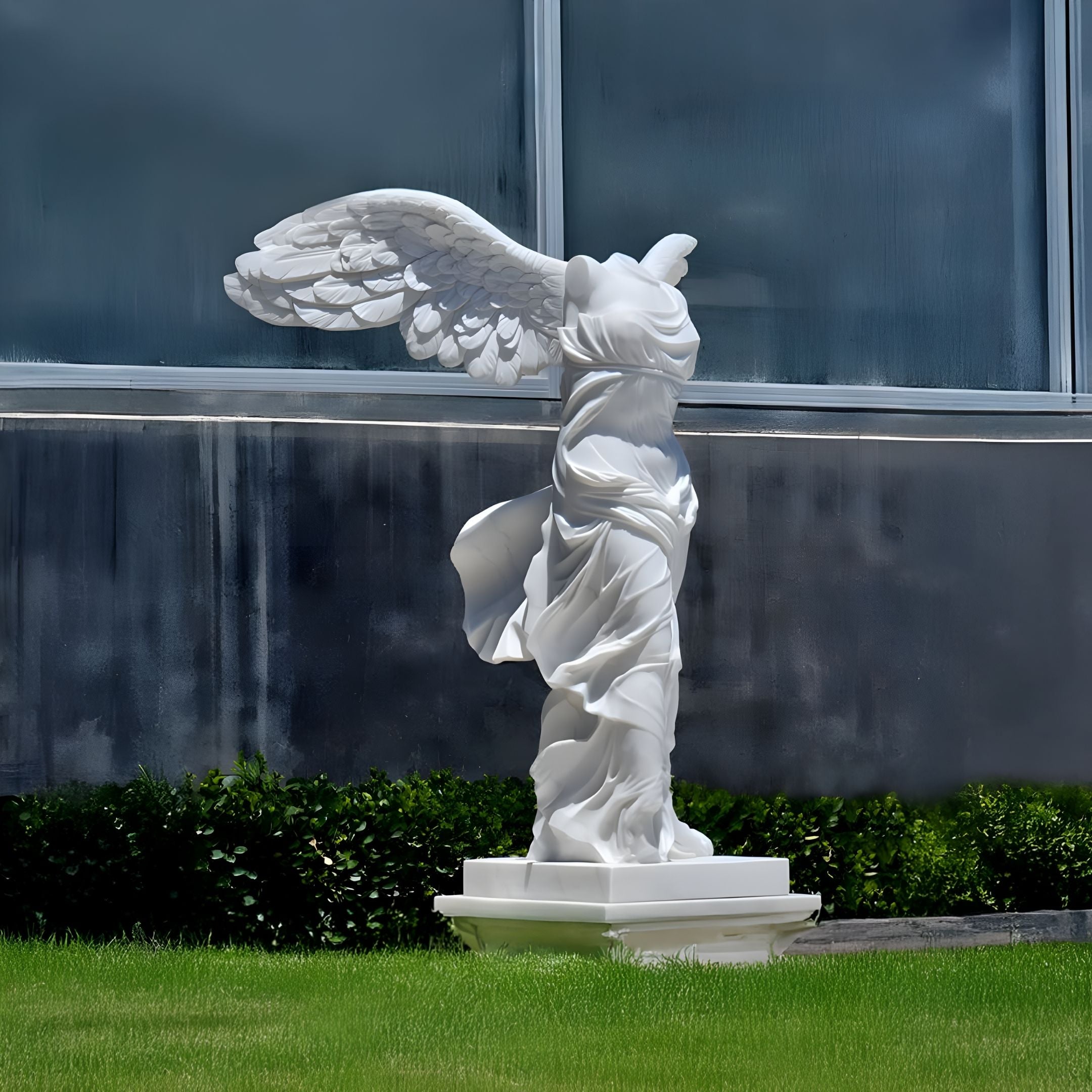 Giant Sculptures Flowing Winged Victory Marble Outdoor Sculpture stands headless, armless, and draped in flowing garments with outspread wings. At 190cm tall, its displayed on a pedestal surrounded by grass and low bushes near a modern building.