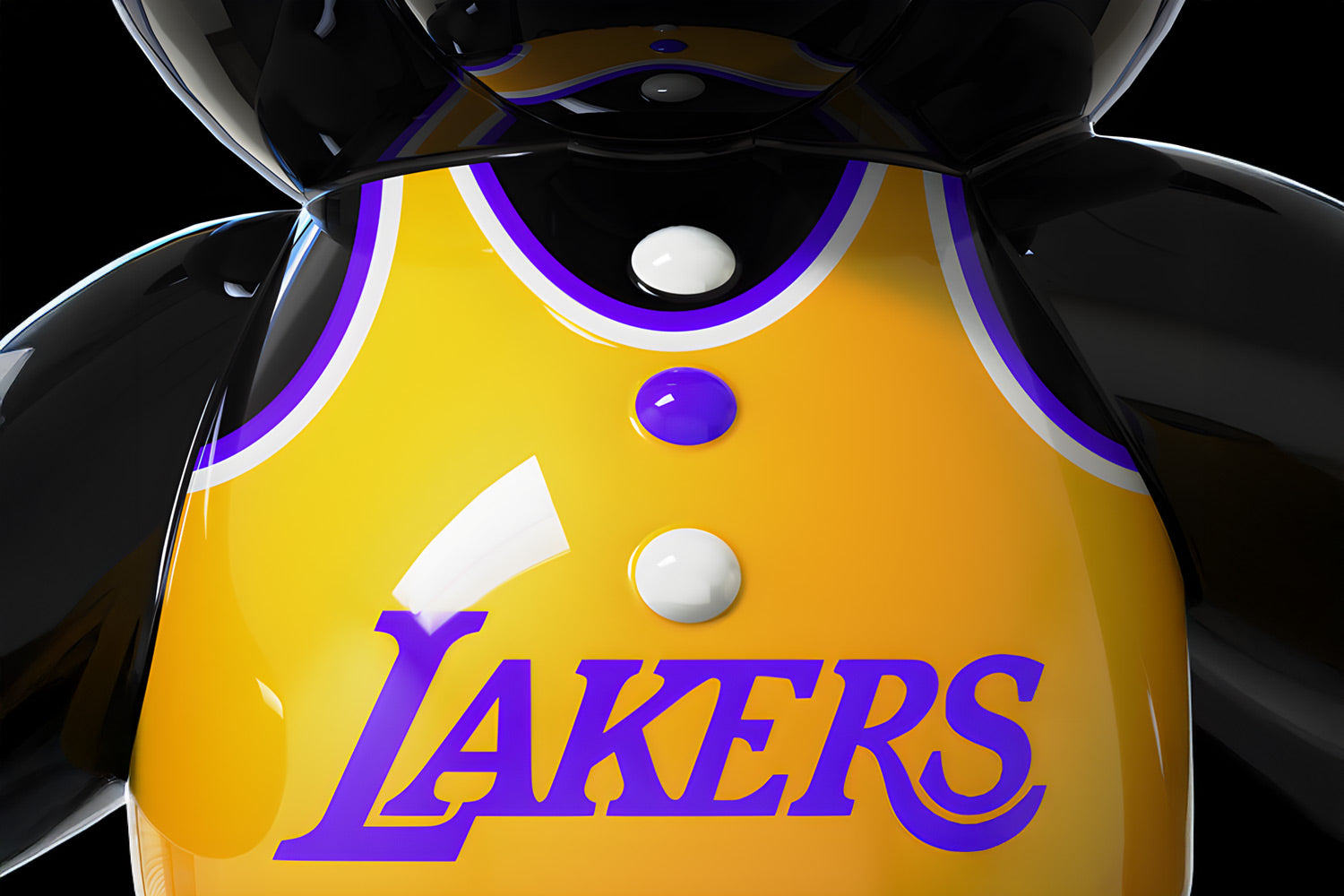 Close-up of a glossy, stylized sculpture featuring a yellow and purple Lakers jersey. The jersey has two white buttons and a purple one, with Lakers written prominently in purple on the front. The material reflects light, creating shiny highlights.